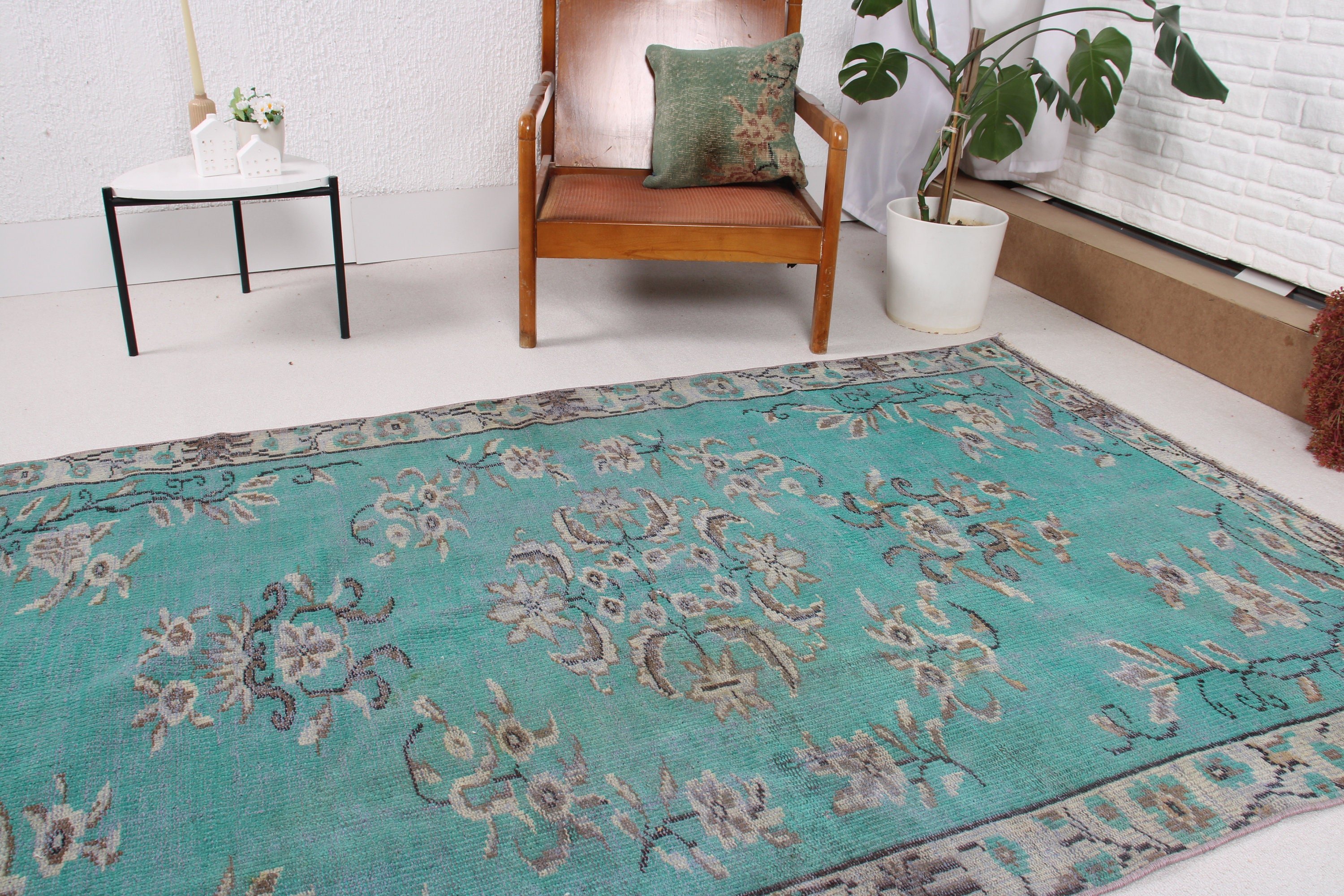 4.4x7.3 ft Area Rug, Home Decor Rug, Kitchen Rug, Vintage Rug, Turkish Rug, Indoor Rugs, Ethnic Rugs, Green Modern Rug, Oushak Area Rugs