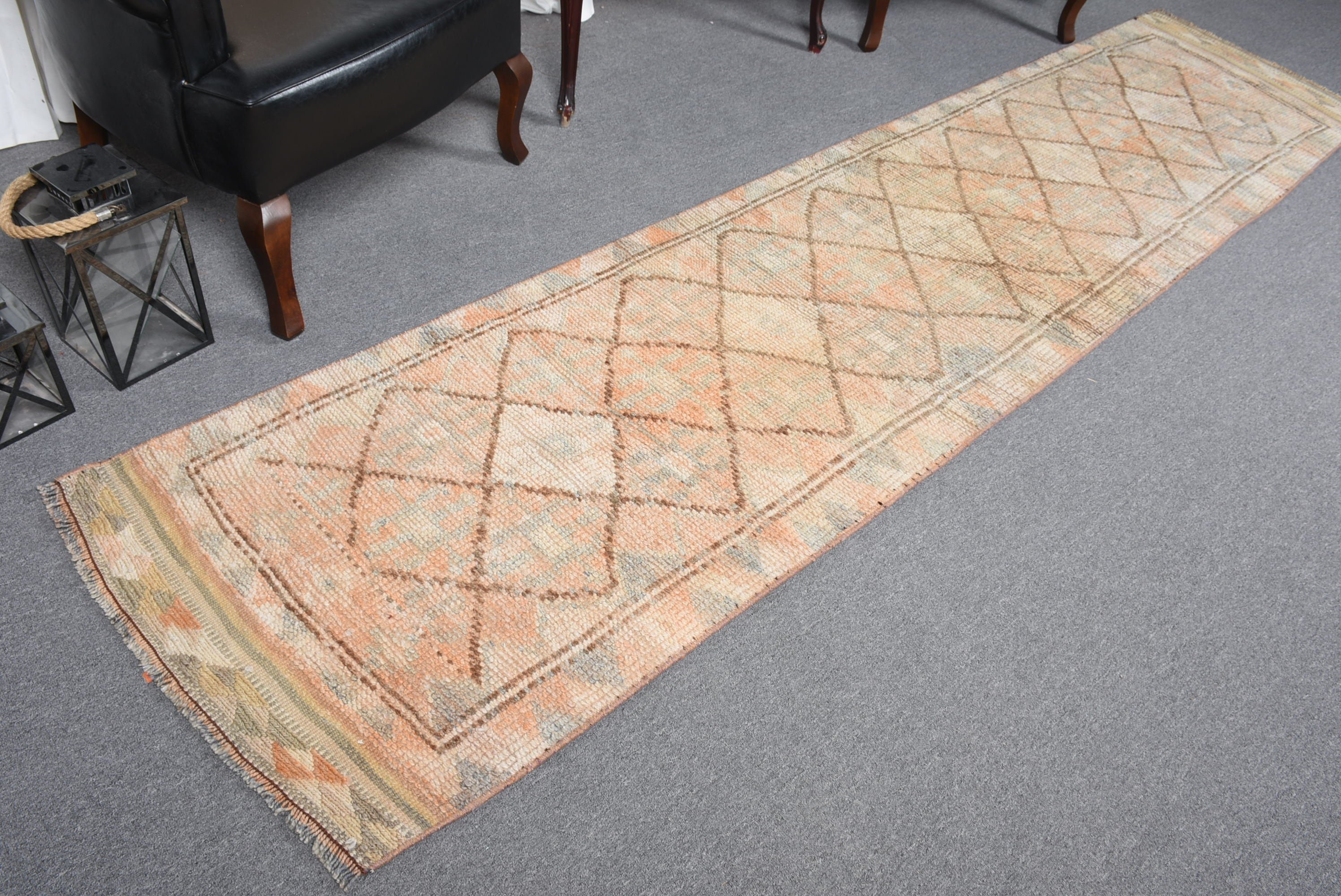 Vintage Rug, Antique Rug, Beige Antique Rug, 2.6x11 ft Runner Rugs, Turkish Rug, Hallway Rugs, Rugs for Corridor, Kitchen Rugs, Floor Rug