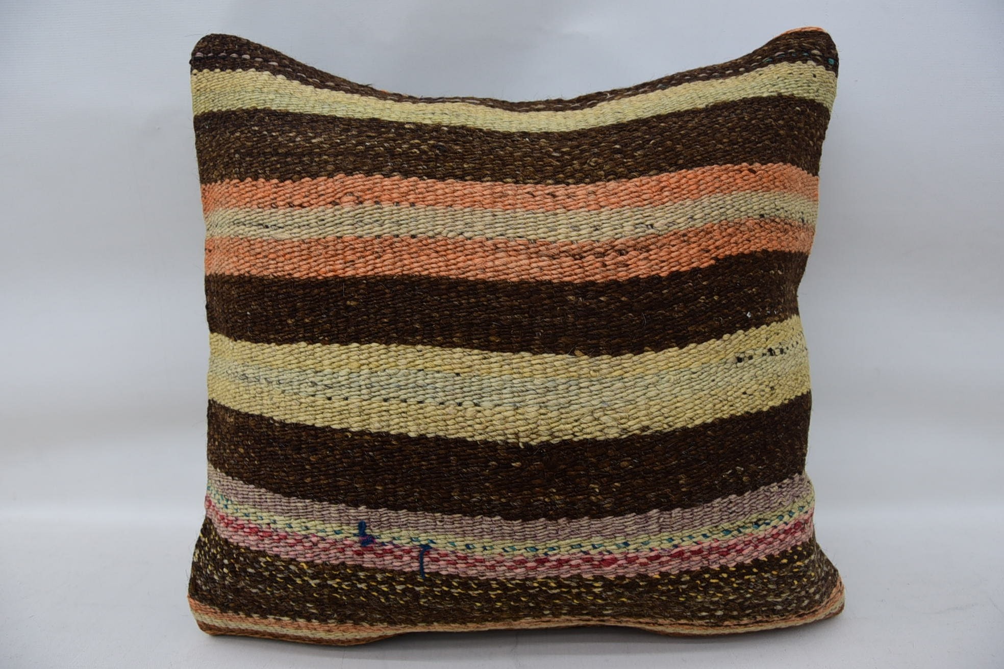 Handwoven Pillow Cover Cushion Case, Handmade Kilim Cushion, 16"x16" Brown Pillow Sham, Throw Kilim Pillow, Turkish Kilim Pillow