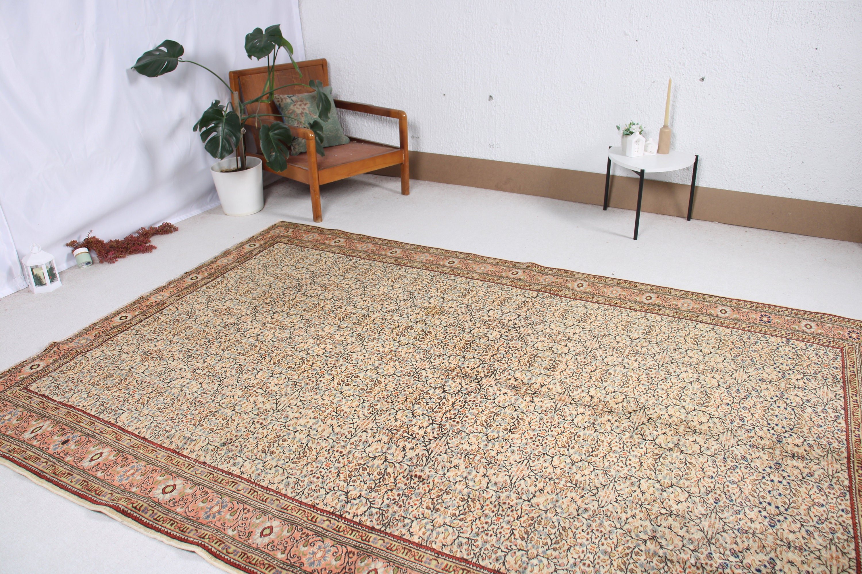 Bej Yer Halıları, Düz Dokuma Halı, Türk Halıları, Nötr Halılar, Vintage Halı, 6,5x9,5 ft Büyük Halı, Büyük Boho Halısı, Büyük Oushak Halıları