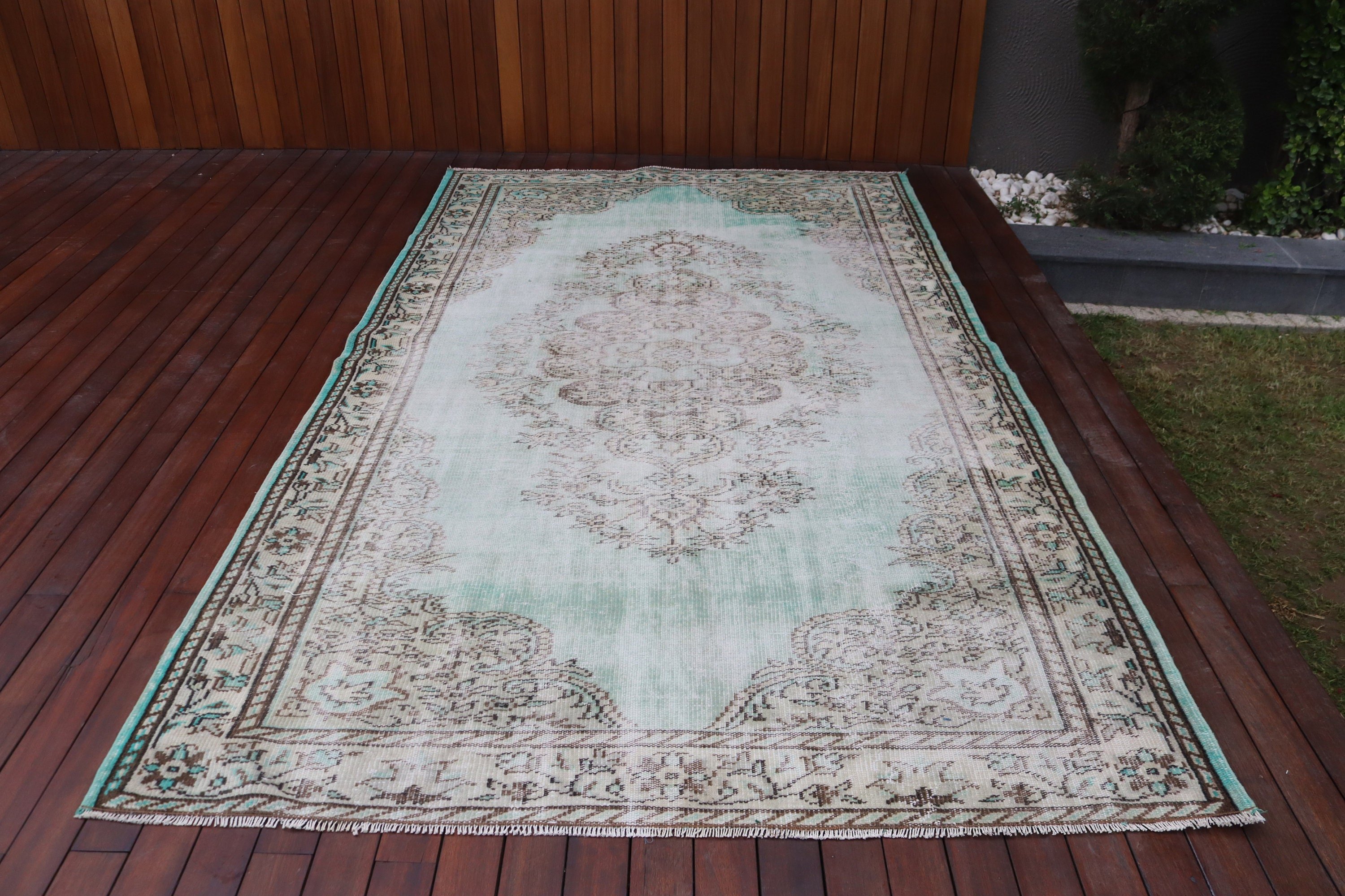 Vintage Halılar, Büyük Boho Halılar, Türk Halısı, Büyük Oushak Halısı, Yeşil Geometrik Halılar, Düz Dokuma Halı, 5,9x10,1 ft Büyük Halı