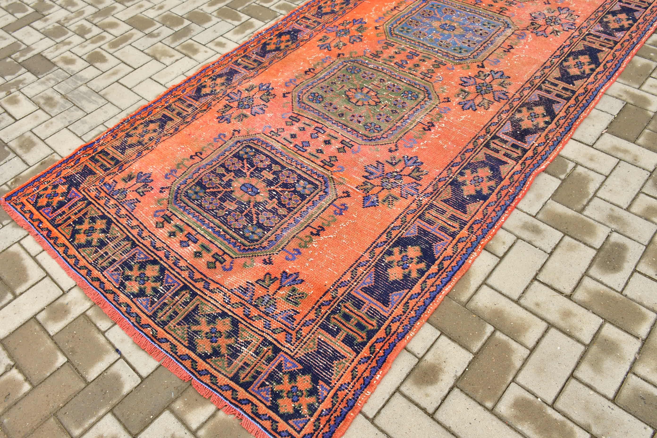 4.6x11.6 ft Runner Rug, Corridor Rug, Turkish Rug, Old Rug, Orange Home Decor Rug, Home Decor Rugs, Vintage Rug, Antique Rug, Kitchen Rug