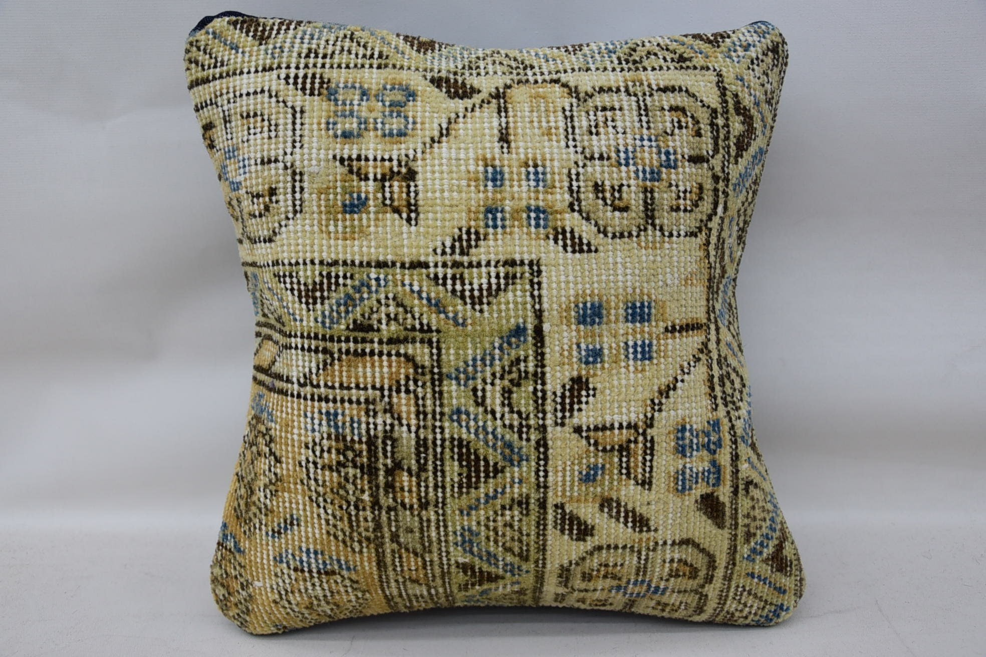 Boho Pillow, 14"x14" Beige Pillow Sham, Turkish Pillow, Ethnic Pillow Cover Pillow Sham, Handmade Cushion Case, Vintage Kilim Pillow
