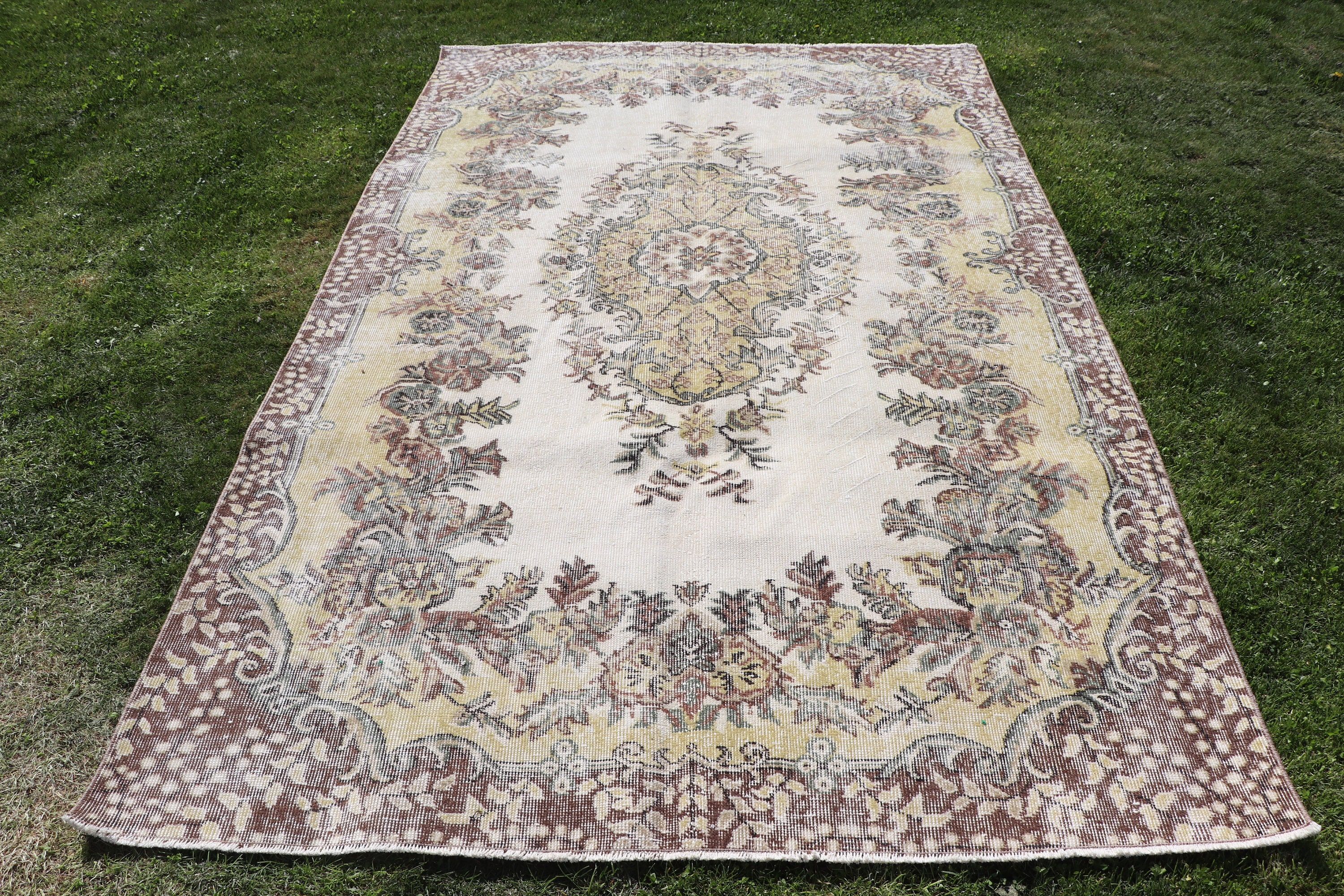 Oushak Halıları, 5.5x8.8 ft Büyük Halı, Vintage Halı, Türk Halıları, Egzotik Halılar, Salon Halısı, Bej Anadolu Halısı, Geometrik Halılar, Yemek Odası Halısı