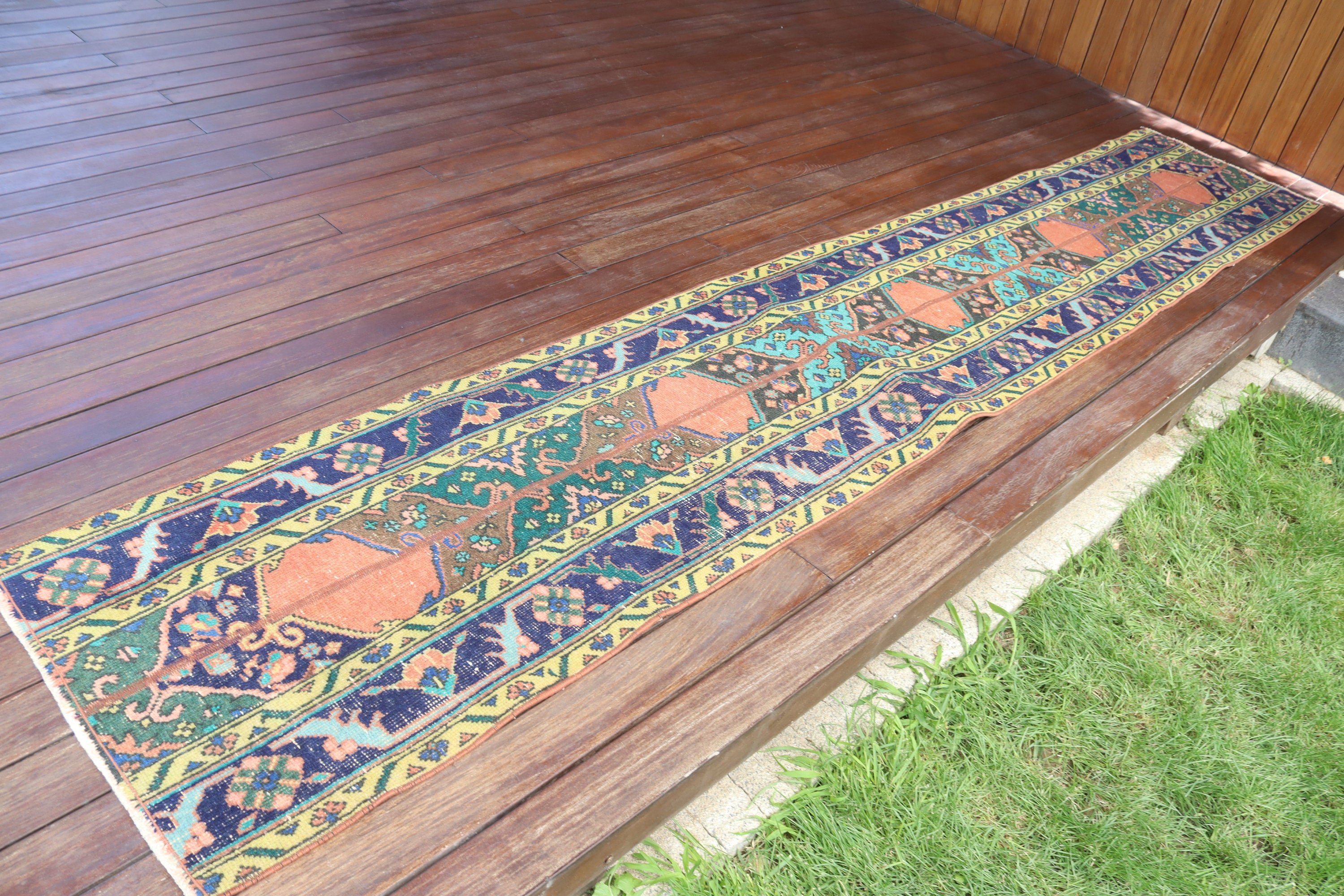 Türk Halısı, 2x11.1 ft Runner Halıları, Mavi Boho Halıları, Vintage Runner Halıları, Lüks Halı, Düz Dokuma Halı, Vintage Halı, Beni Ourain Runner Halısı