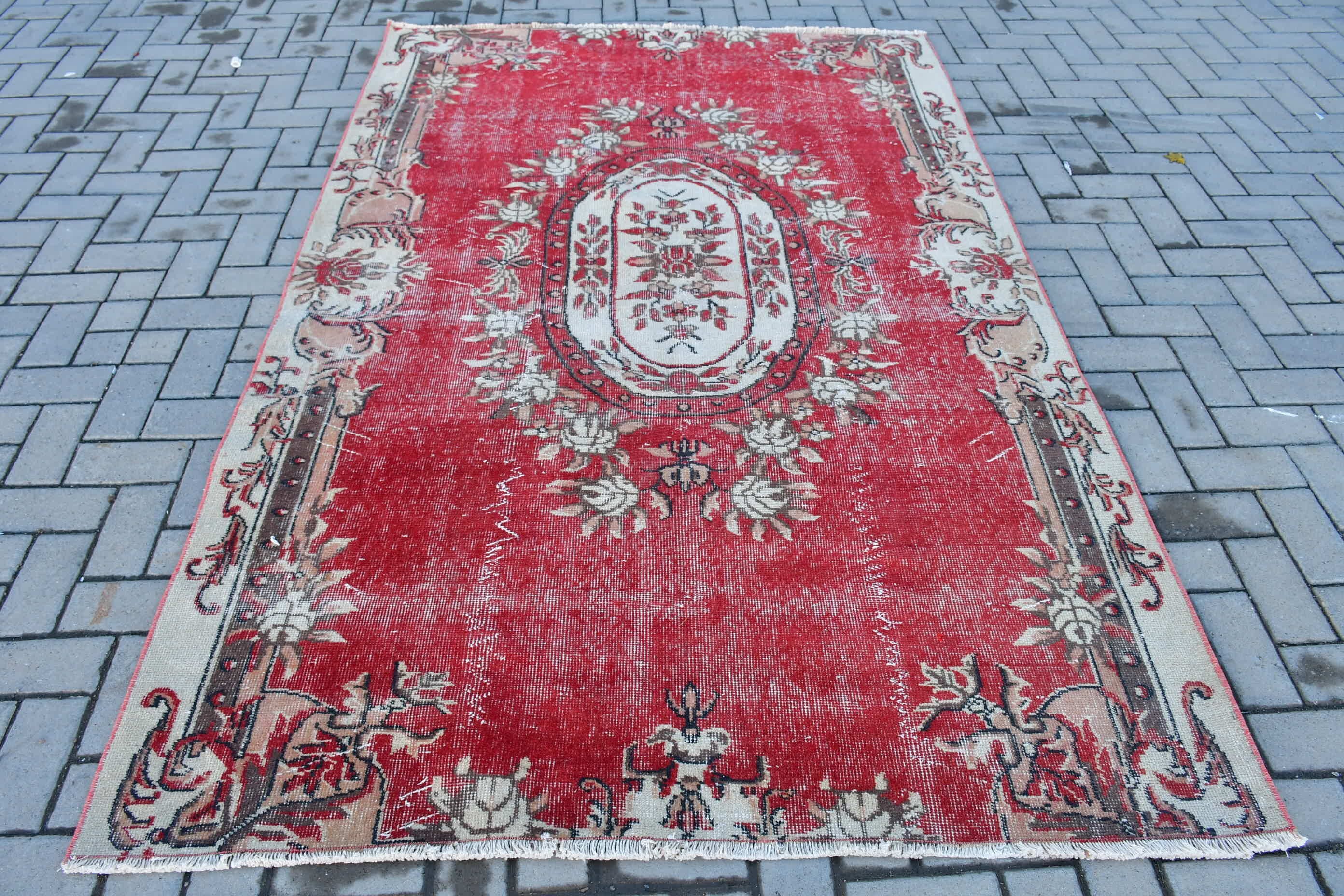 Kırmızı Oryantal Halı, Yatak Odası Halısı, Türk Halısı, Yün Halıları, Yatak Odası Halıları, 5.2x7.9 ft Büyük Halı, Vintage Halılar, Salon Halısı, Fas Halıları