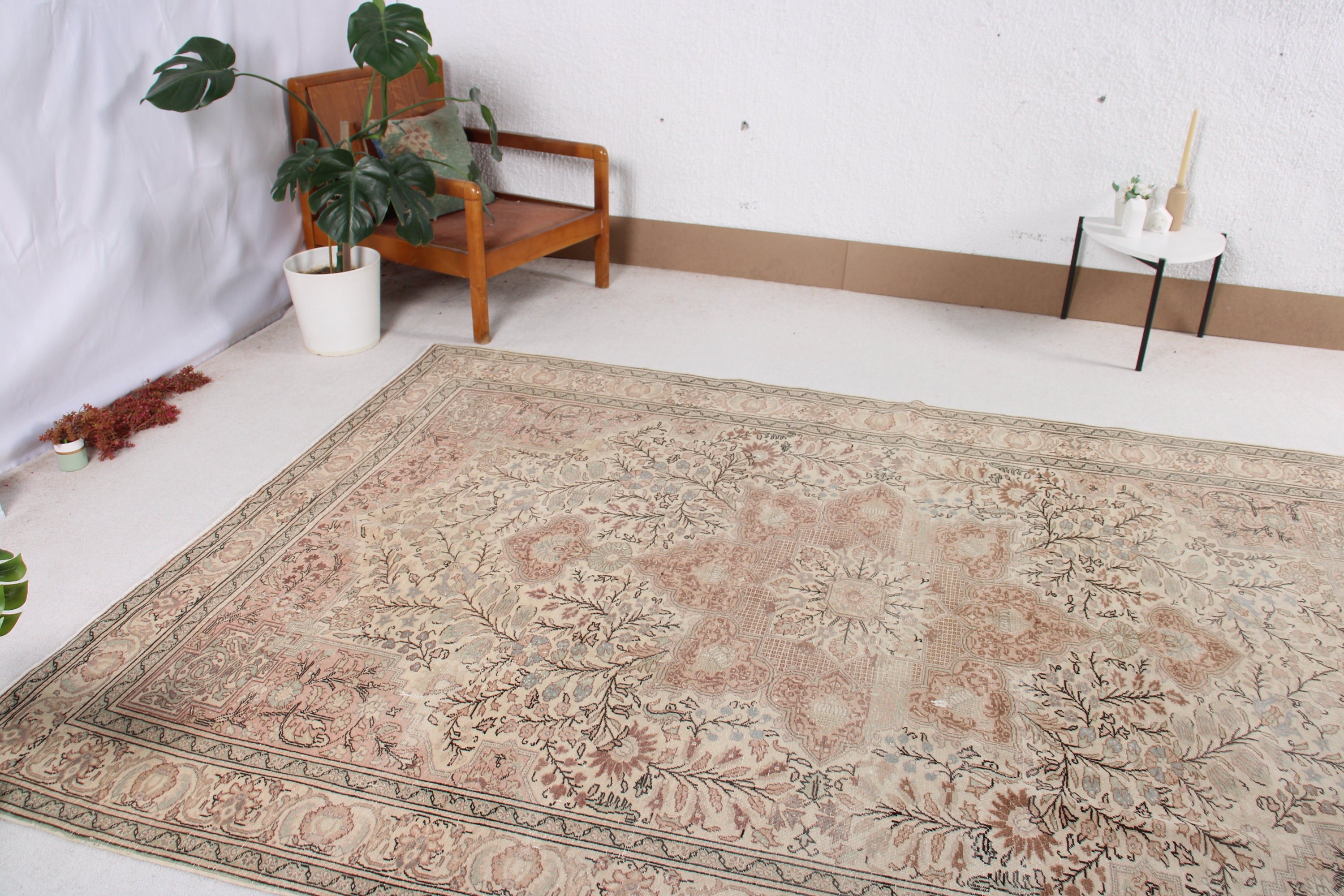 Büyük Vintage Halılar, 6.4x9.4 ft Büyük Halı, Yün Halı, Mutfak Halısı, Lüks Halı, Türk Halıları, Bej Yün Halı, Vintage Halılar, Büyük Boho Halı