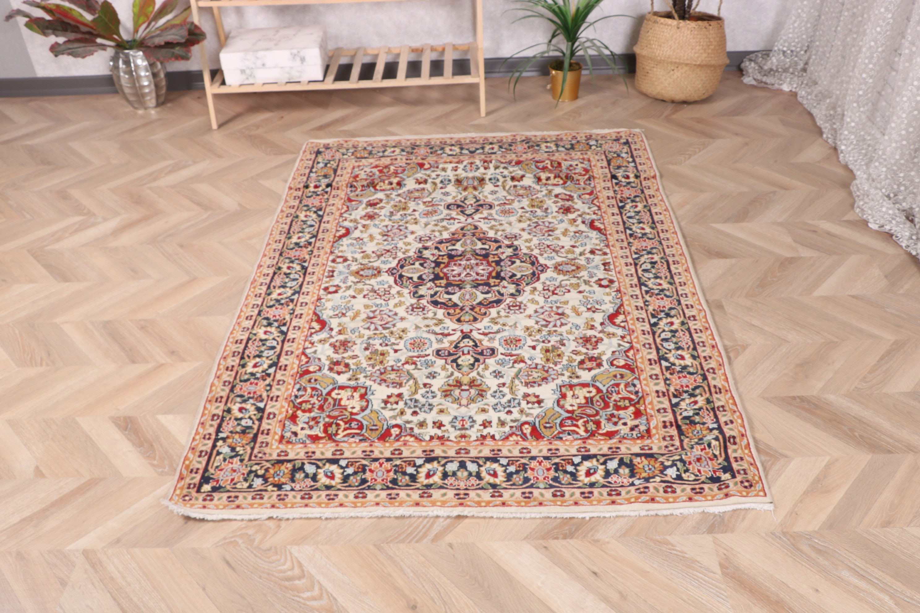 Türk Halısı, Bej Boho Halıları, Yatak Odası Halısı, Çocuk Odası Halısı, Vintage Halı, 4x5.8 ft Accent Halı, Çocuk Odası Halıları, El Dokuma Halı