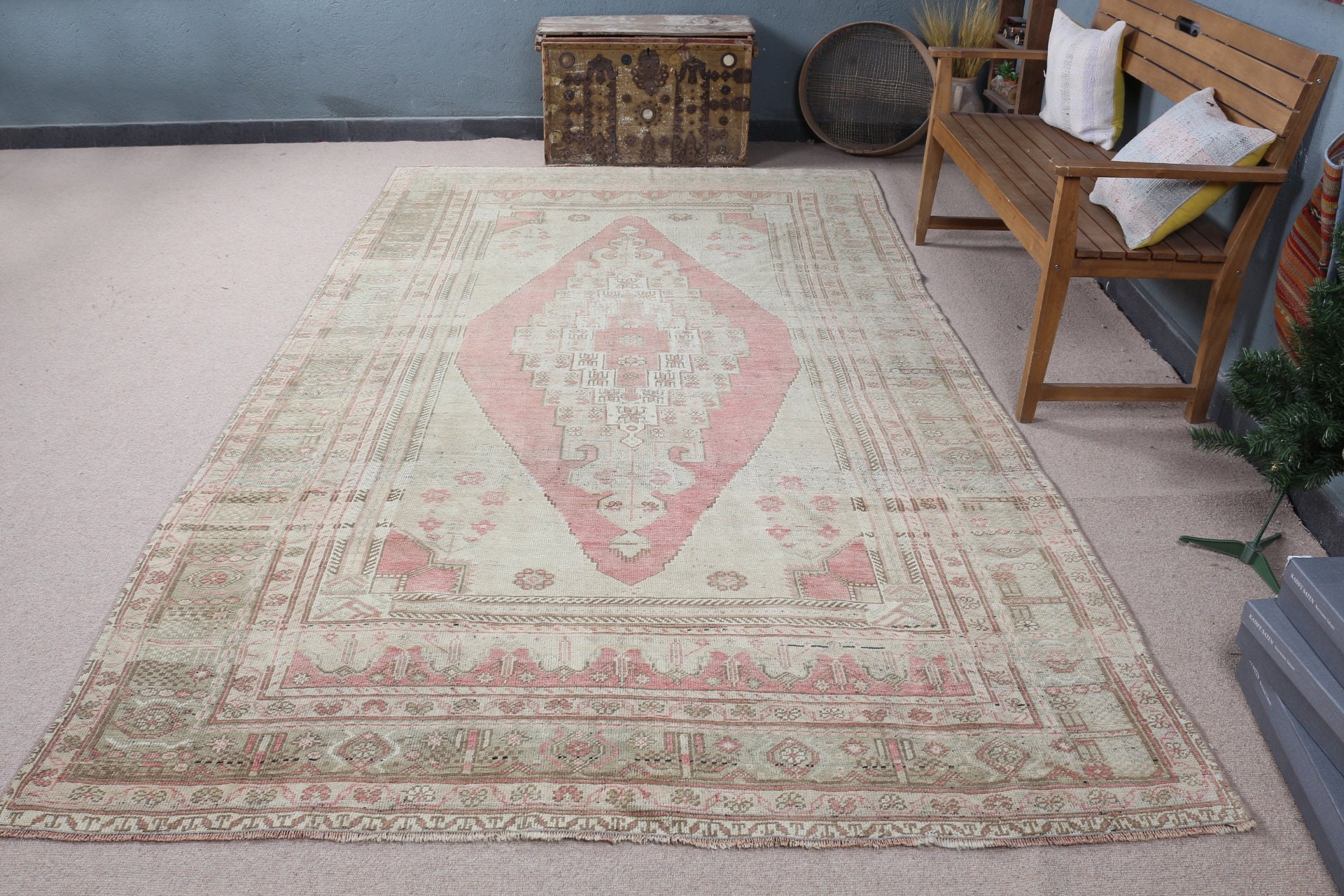 Anadolu Halısı, Bej Ev Dekor Halısı, Yün Halısı, Vintage Halısı, Oturma Odası Halıları, 6.2x10.7 ft Büyük Halısı, Salon Halıları, Boho Halısı, Türk Halıları