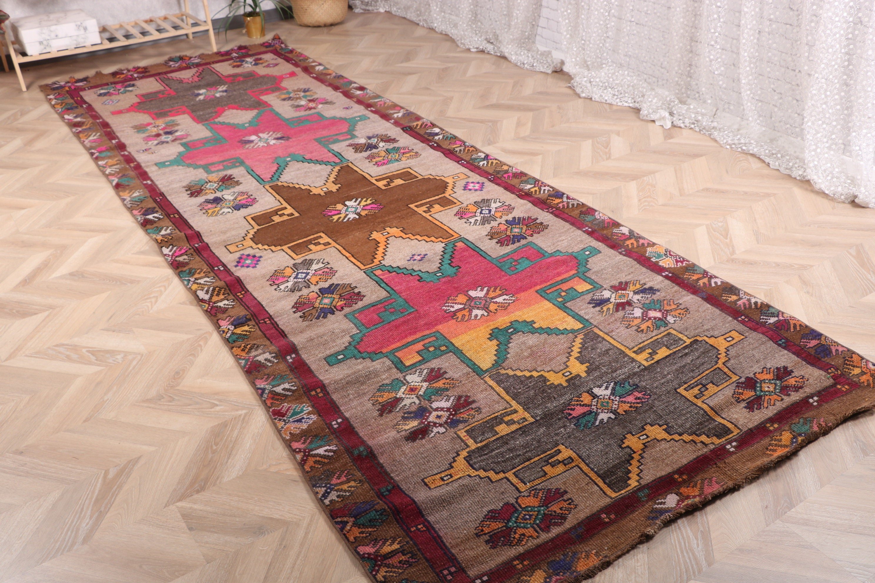 Yer Halıları, Etnik Halılar, Koridor Halıları, Vintage Halı, Gri Düz Dokuma Halılar, Koridor Halıları, Türk Halıları, 4.3x12.4 ft Runner Halısı, Yatak Odası Halıları