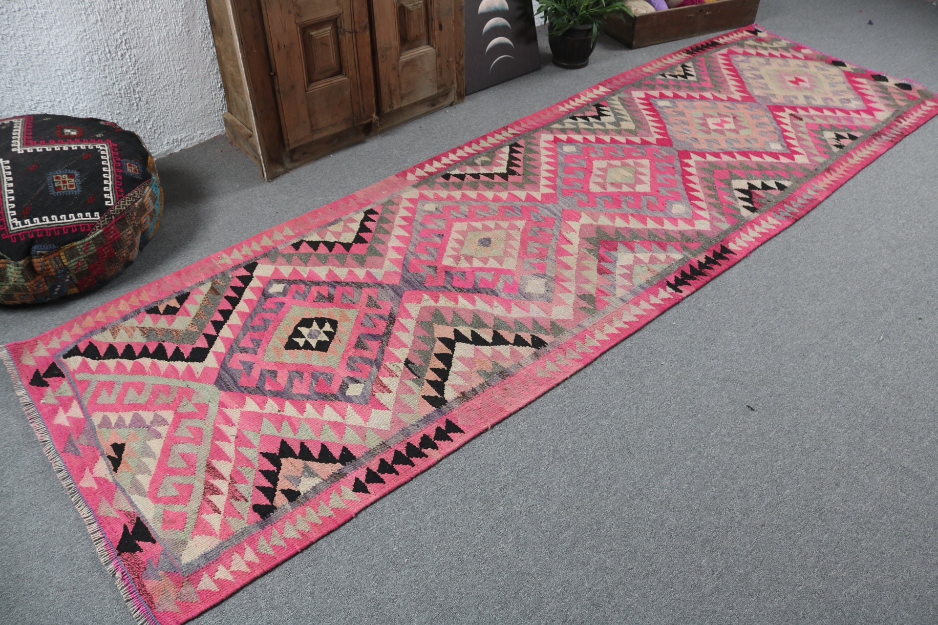 Handwoven Rug, Geometric Rug, 3.2x10.9 ft Runner Rug, Turkish Rug, Beni Ourain Runner Rugs, Pink Bedroom Rug, Vintage Rugs, Stair Rug