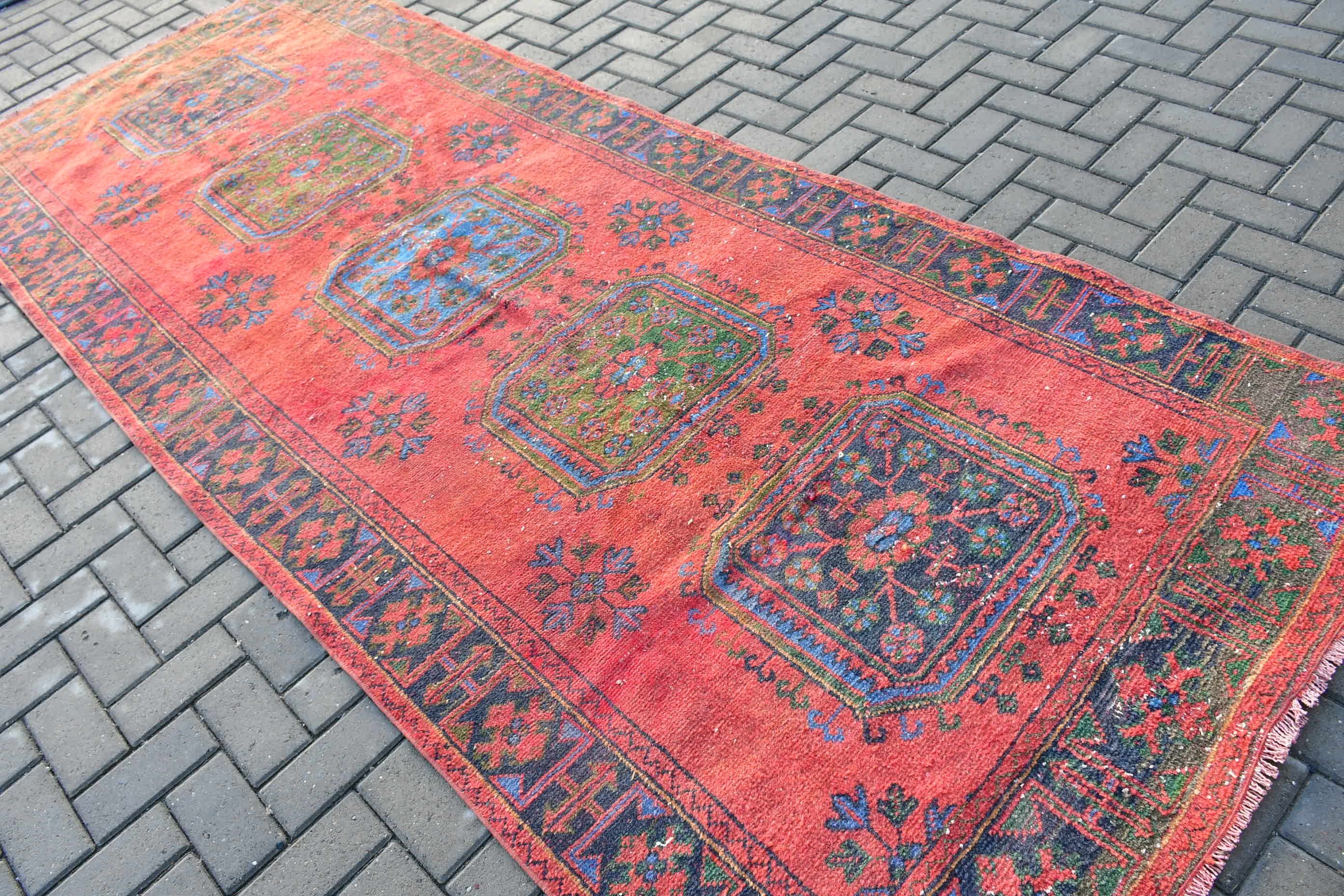 Vintage Rug, Stair Rug, Art Rug, 4.5x11.3 ft Runner Rug, Rugs for Kitchen, Red Home Decor Rugs, Antique Rug, Turkish Rugs