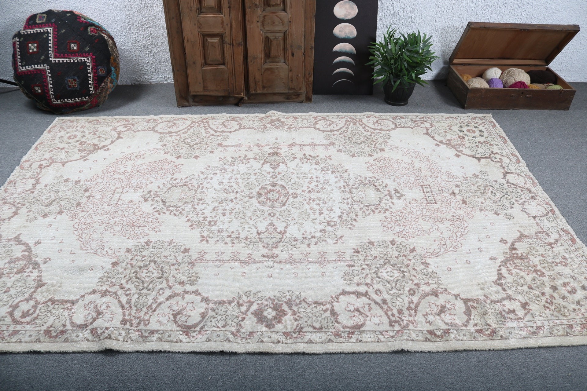 Vintage Halı, Büyük Boho Halı, Bej Mutfak Halıları, 5,7x8,8 ft Büyük Halılar, Türk Halısı, Büyük Oushak Halıları, Antika Halı