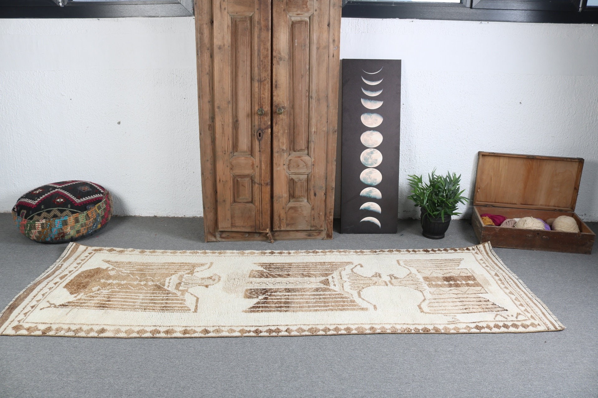 Koridor Halıları, Vintage Halılar, Ev Dekorasyonu Halıları, Vintage Yolluk Halısı, Oushak Halısı, 3.2x9.3 ft Yolluk Halısı, Bej Oryantal Halı, Türk Halısı