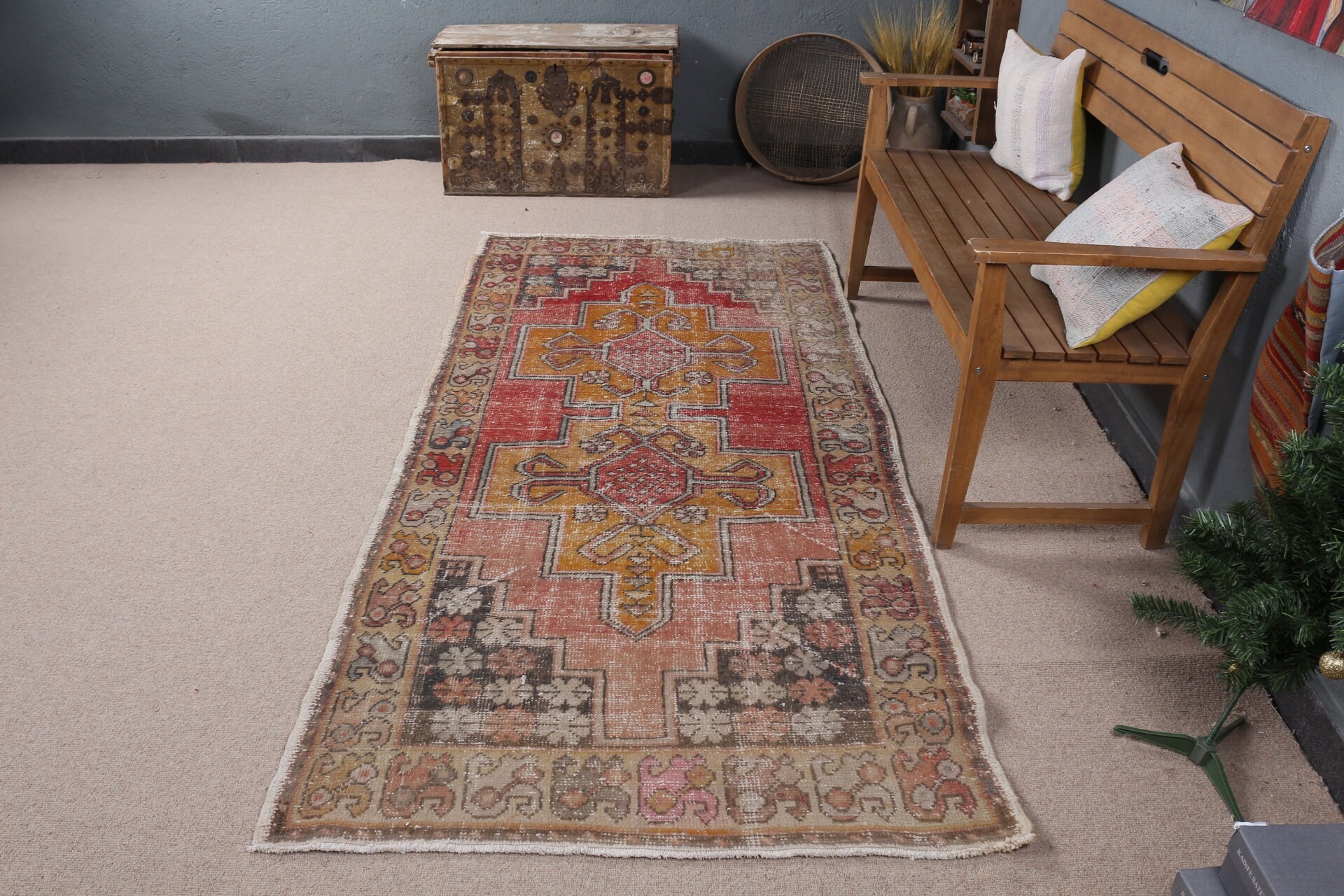 3.7x7.8 ft Area Rug, Vintage Rug, Rugs for Indoor, Turkish Rug, Floor Rug, Kitchen Rugs, Red Oriental Rugs, Bedroom Rug