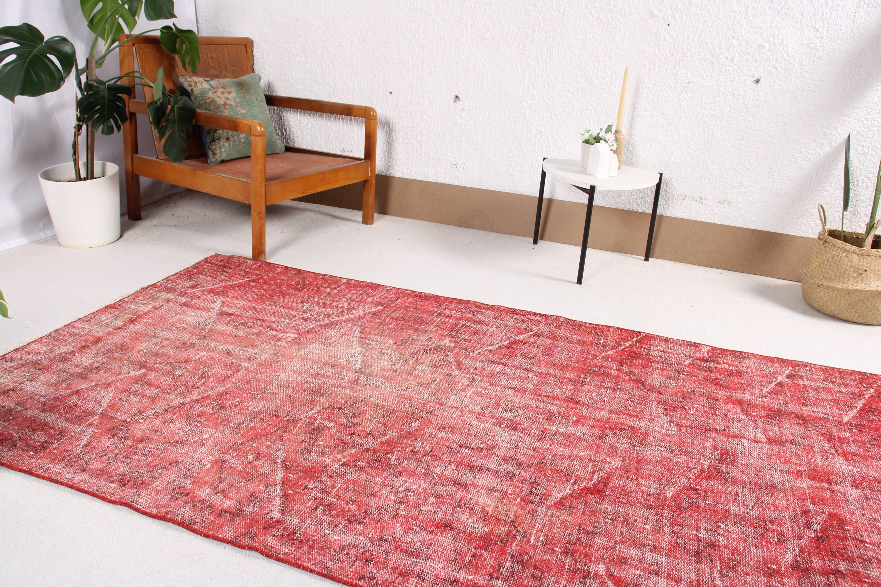 Vintage Halılar, 4.2x8.6 ft Alan Halıları, Kırmızı Yün Halı, Vintage Alan Halıları, Türk Halısı, Boho Halıları, Anadolu Halısı, Oushak Bölge Halıları