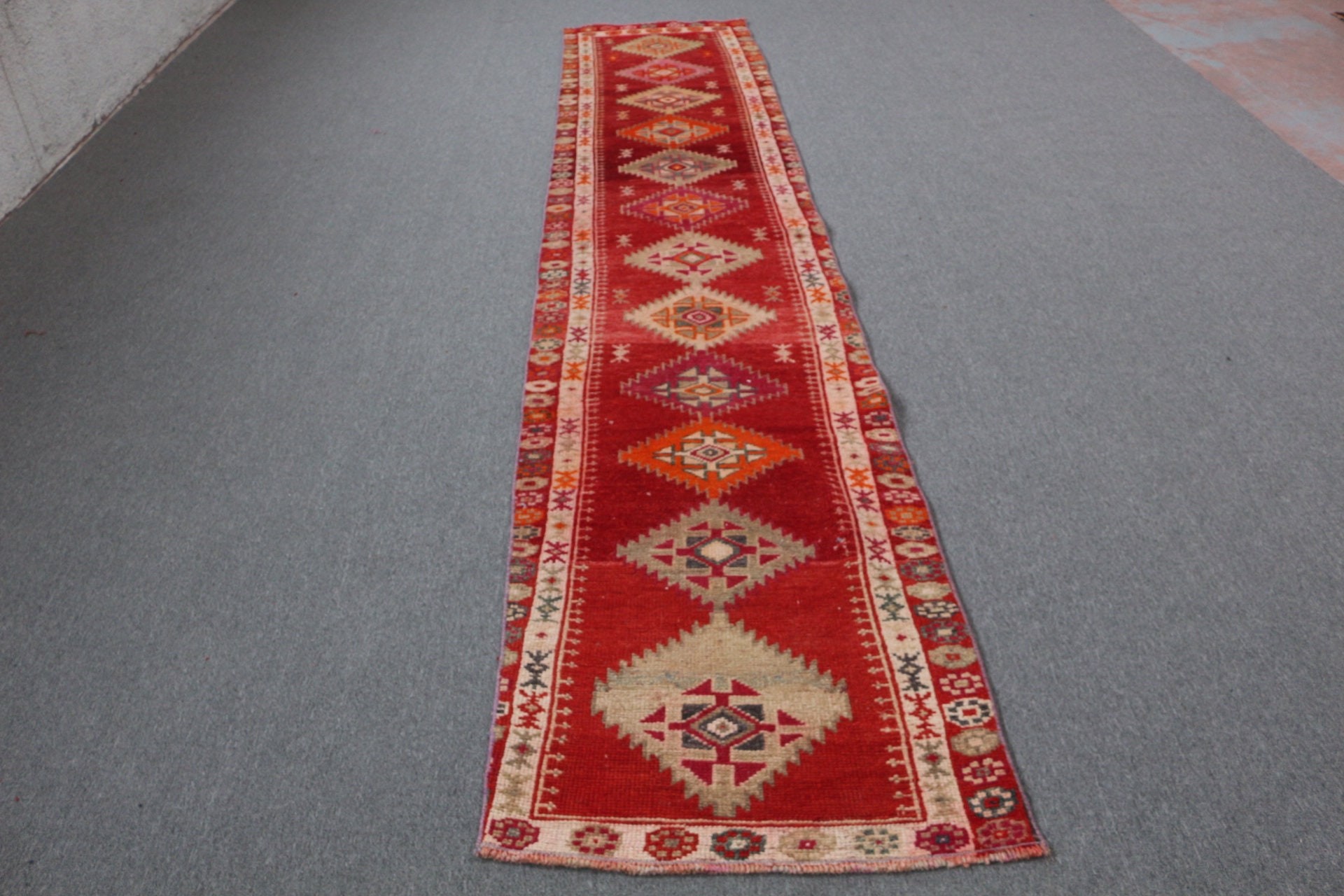 Red Moroccan Rug, Dorm Rug, Oushak Rug, Turkish Rugs, Rugs for Stair, Stair Rug, Antique Rug, 2.5x12.6 ft Runner Rugs, Vintage Rugs