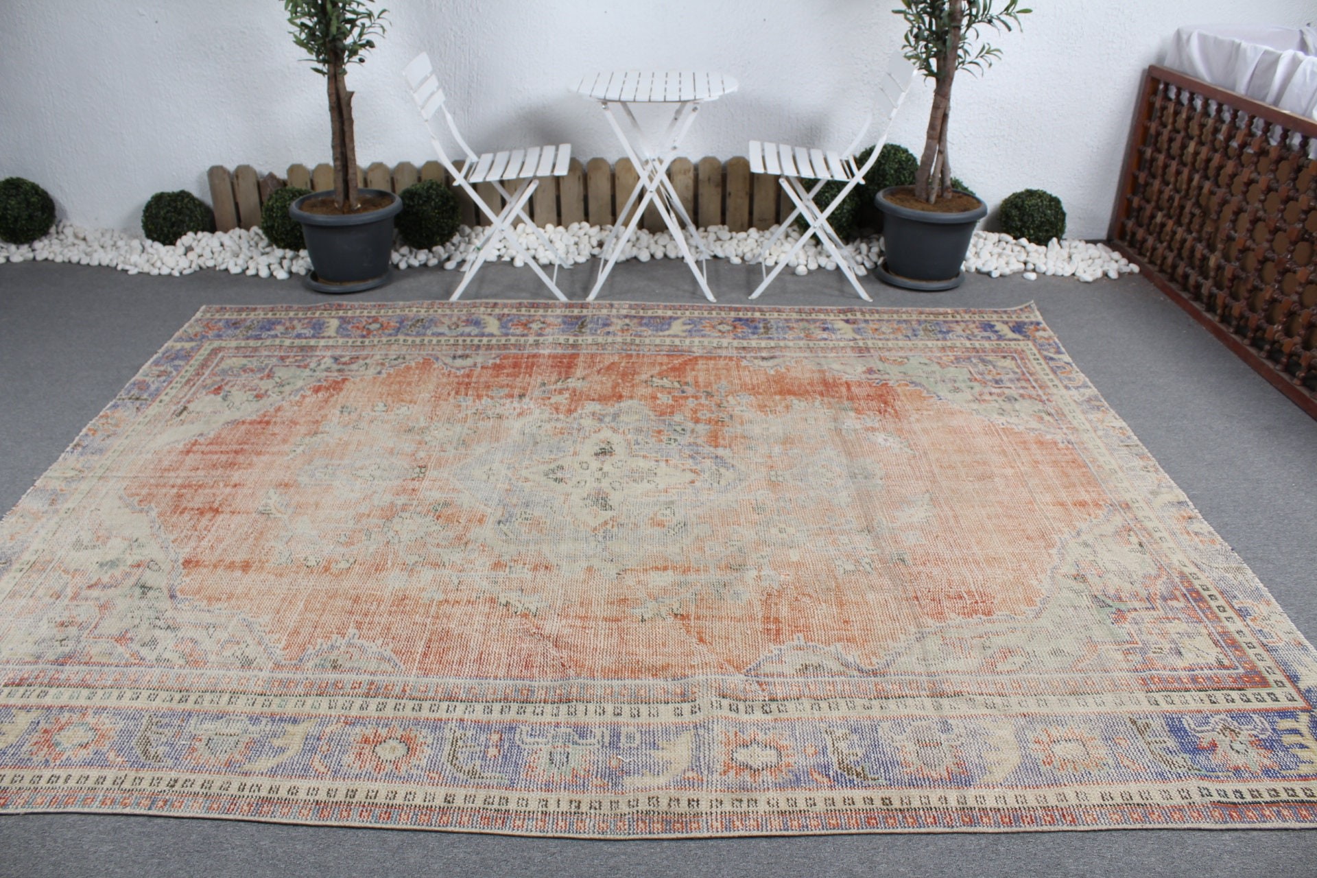 Saloon Rug, Turkish Rug, Wool Rugs, Vintage Rug, Orange  7.6x9.5 ft Oversize Rug, Dining Room Rugs, Kitchen Rugs, Outdoor Rug