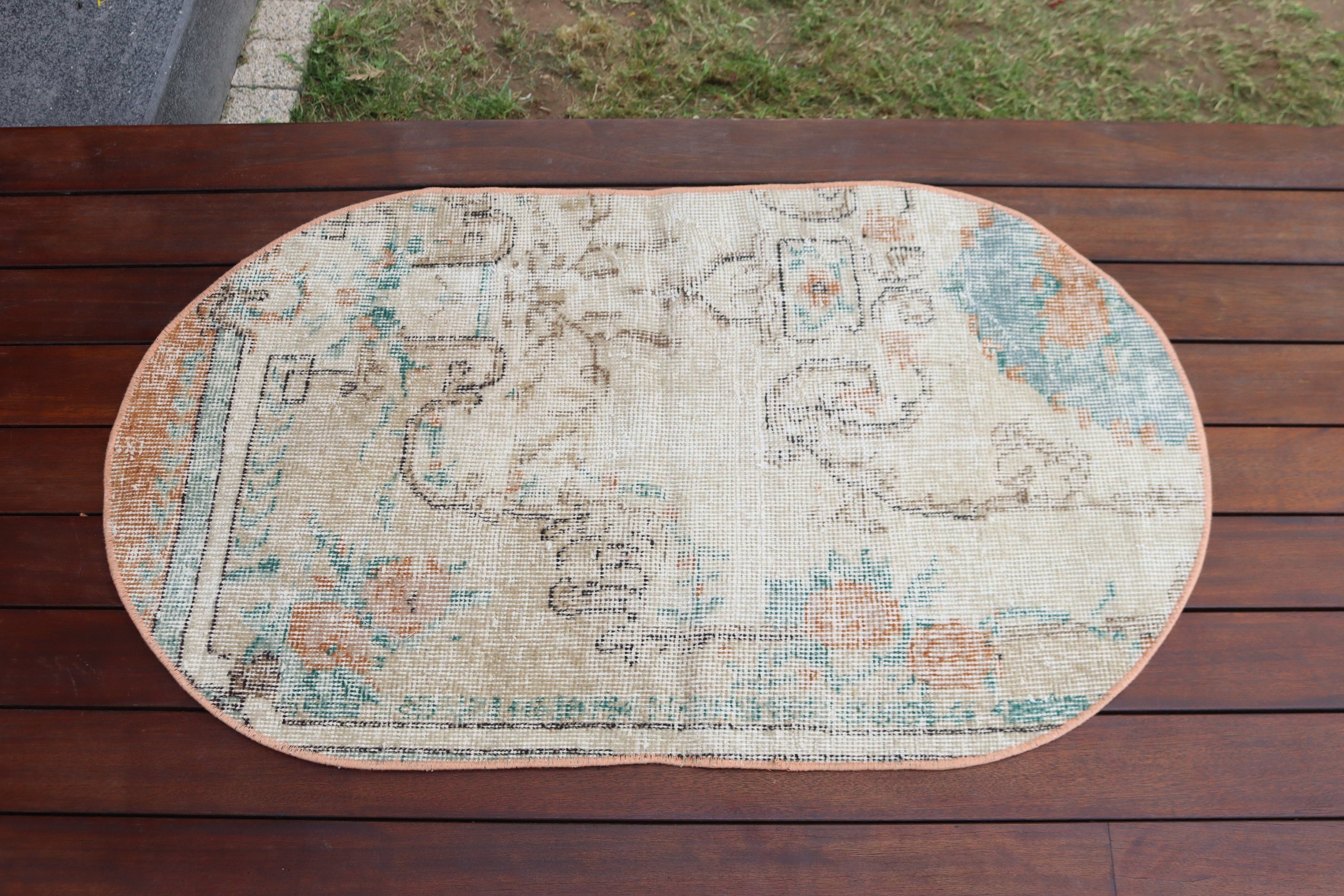 Yer Halıları, 2x3,4 ft Küçük Halı, Türk Halısı, Vintage Halılar, Anadolu Halıları, Kapı Paspası Halısı, Bej Oushak Halısı, Etnik Halı, Küçük Alan Kilimi