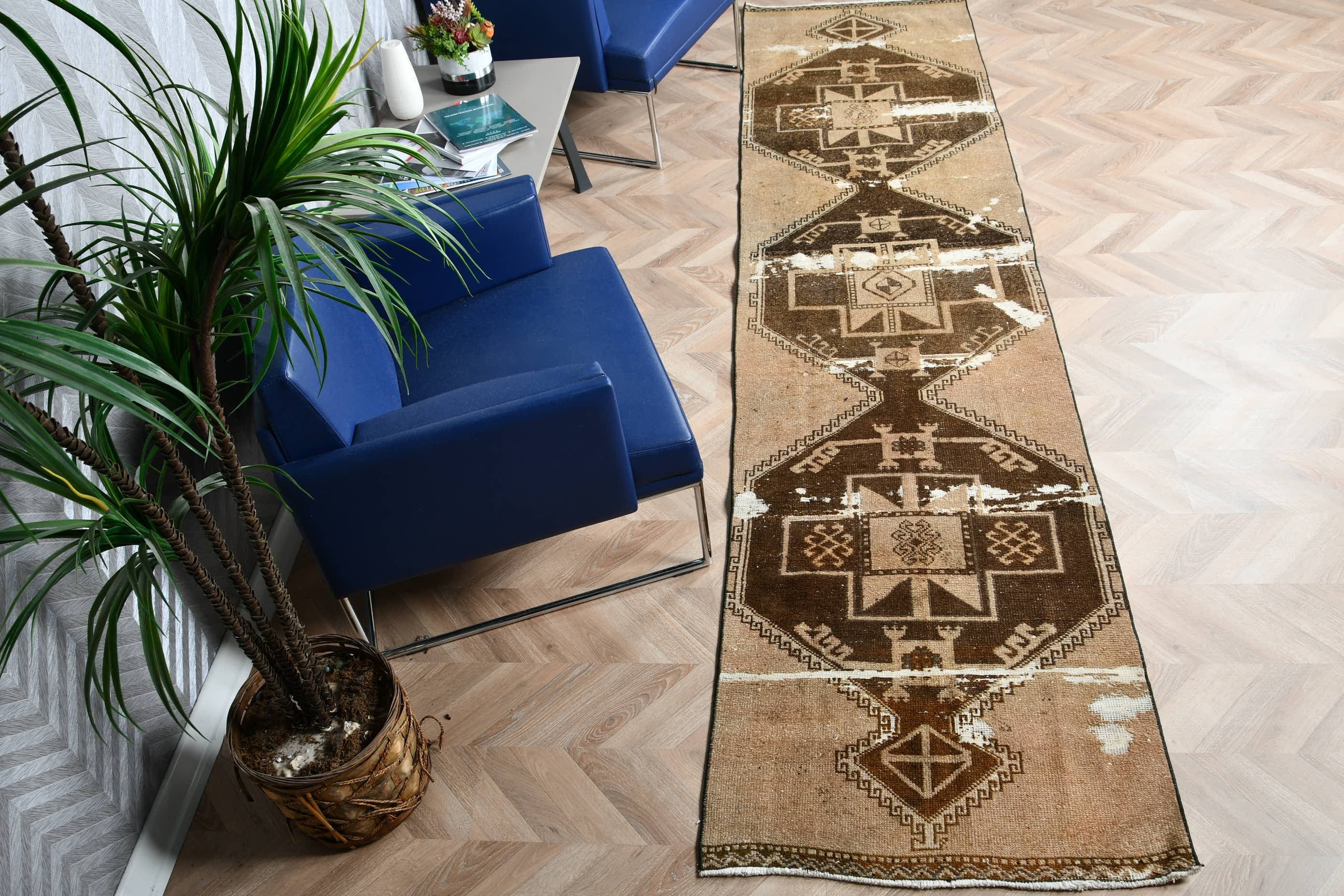 Vintage Halılar, Antika Halı, 2.7x11.4 ft Runner Halı, Yün Halılar, Kahverengi Yün Halı, Koridor Halısı, Koridor Halıları, Merdiven Halısı, Türk Halıları