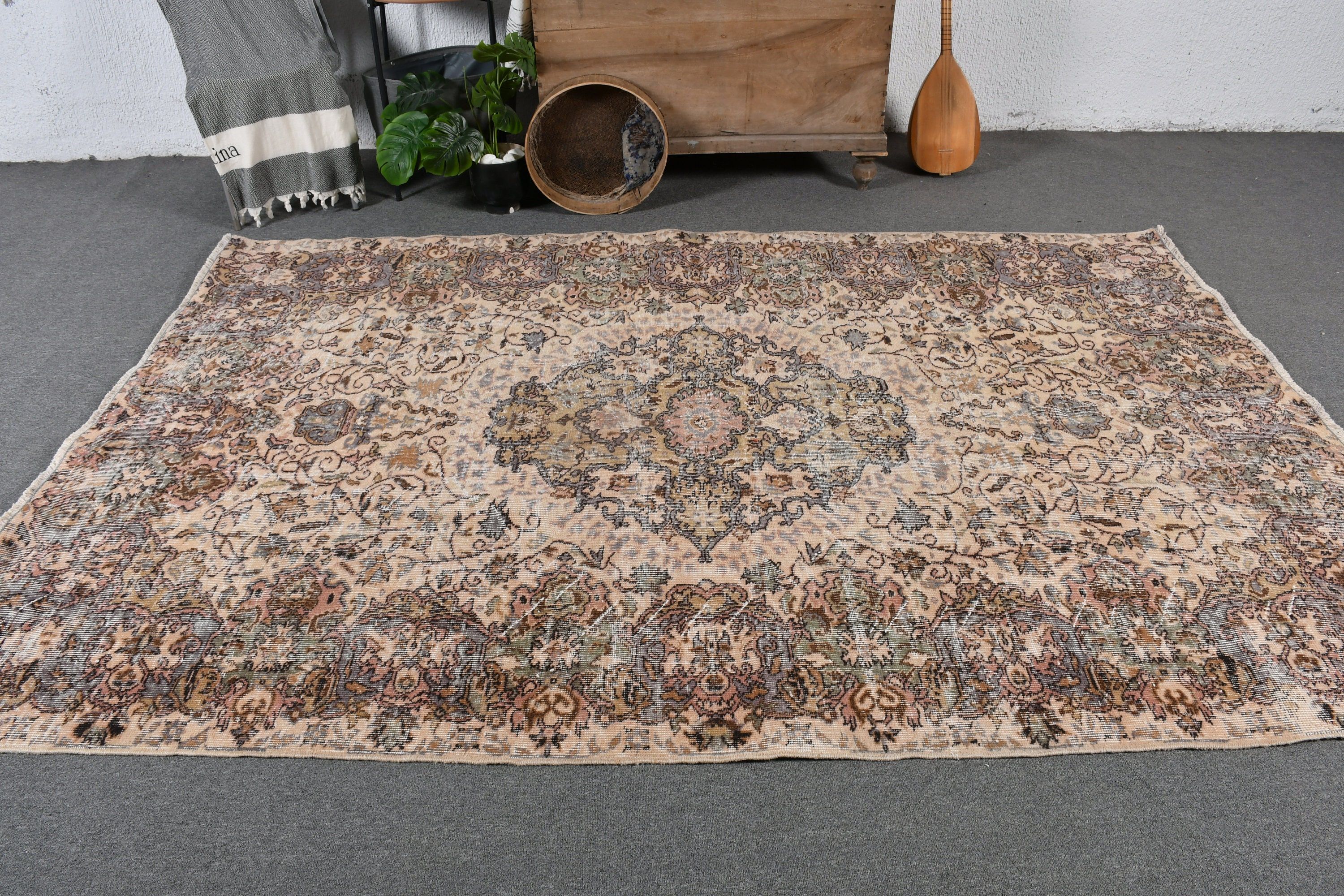 Vintage Halılar, 5.8x8.6 ft Büyük Halılar, Bej Anadolu Halısı, Sevimli Halı, Yemek Odası Halıları, Türk Halıları, Mutfak Halıları, Fas Halısı, Yatak Odası Halısı