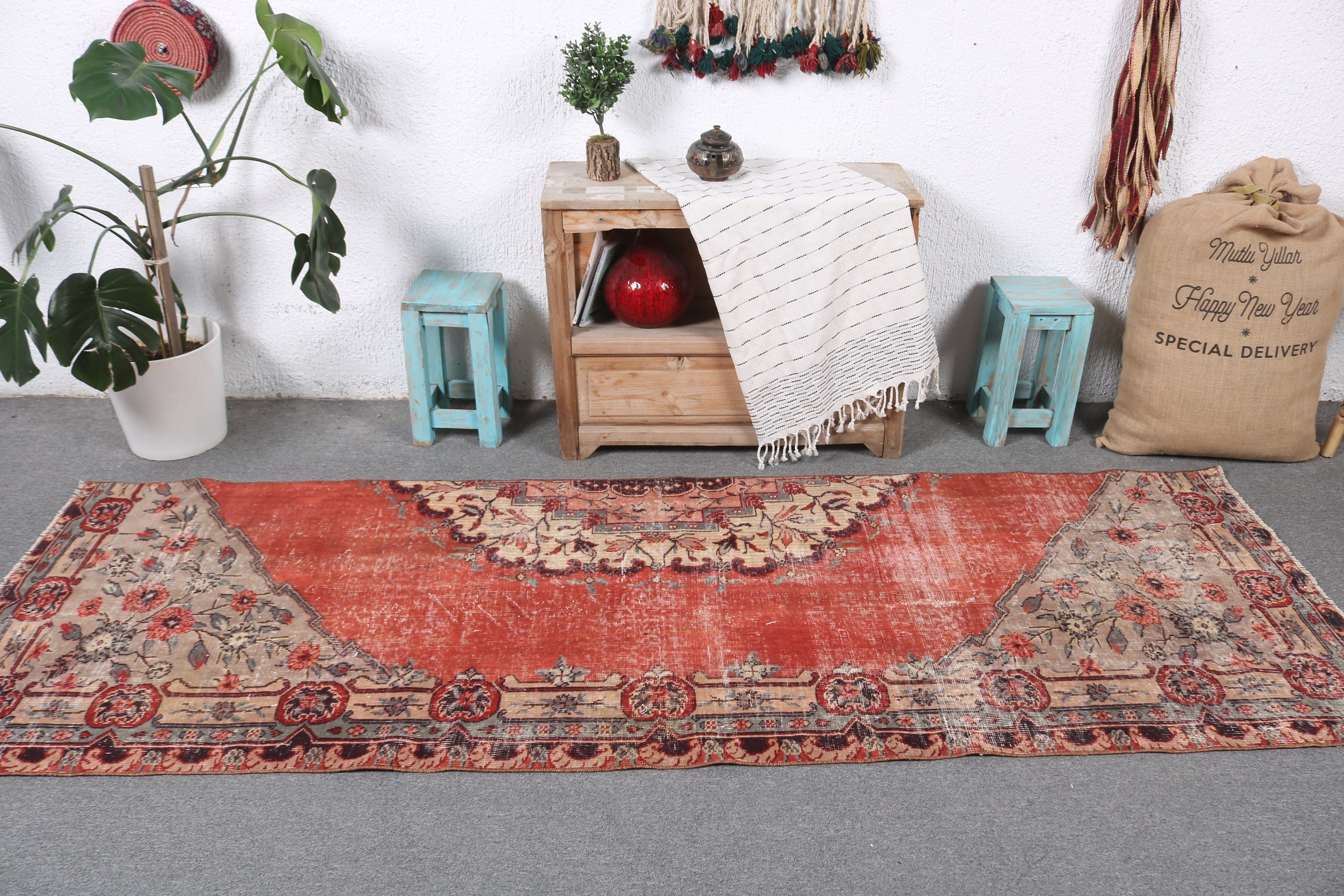 Vintage Runner Rugs, Wool Rugs, 2.9x8.7 ft Runner Rugs, Geometric Rugs, Red Oriental Rugs, Vintage Rugs, Turkish Rug, Corridor Rug