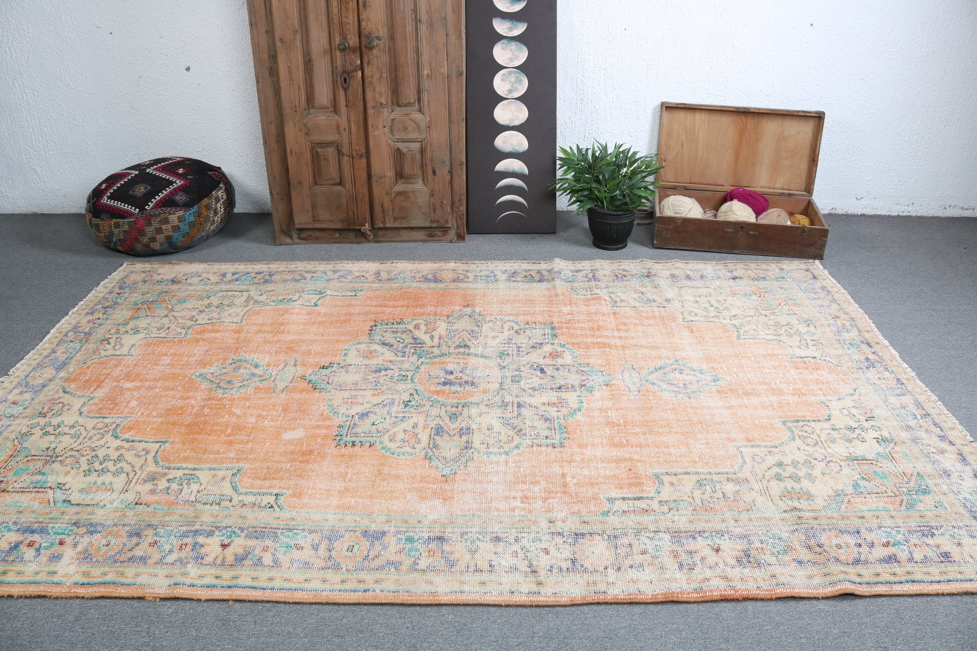 6.2x9.8 ft Large Rugs, Orange Geometric Rug, Dining Room Rug, Boho Rug, Floor Rugs, Vintage Rug, Statement Rug, Turkish Rug, Large Boho Rug