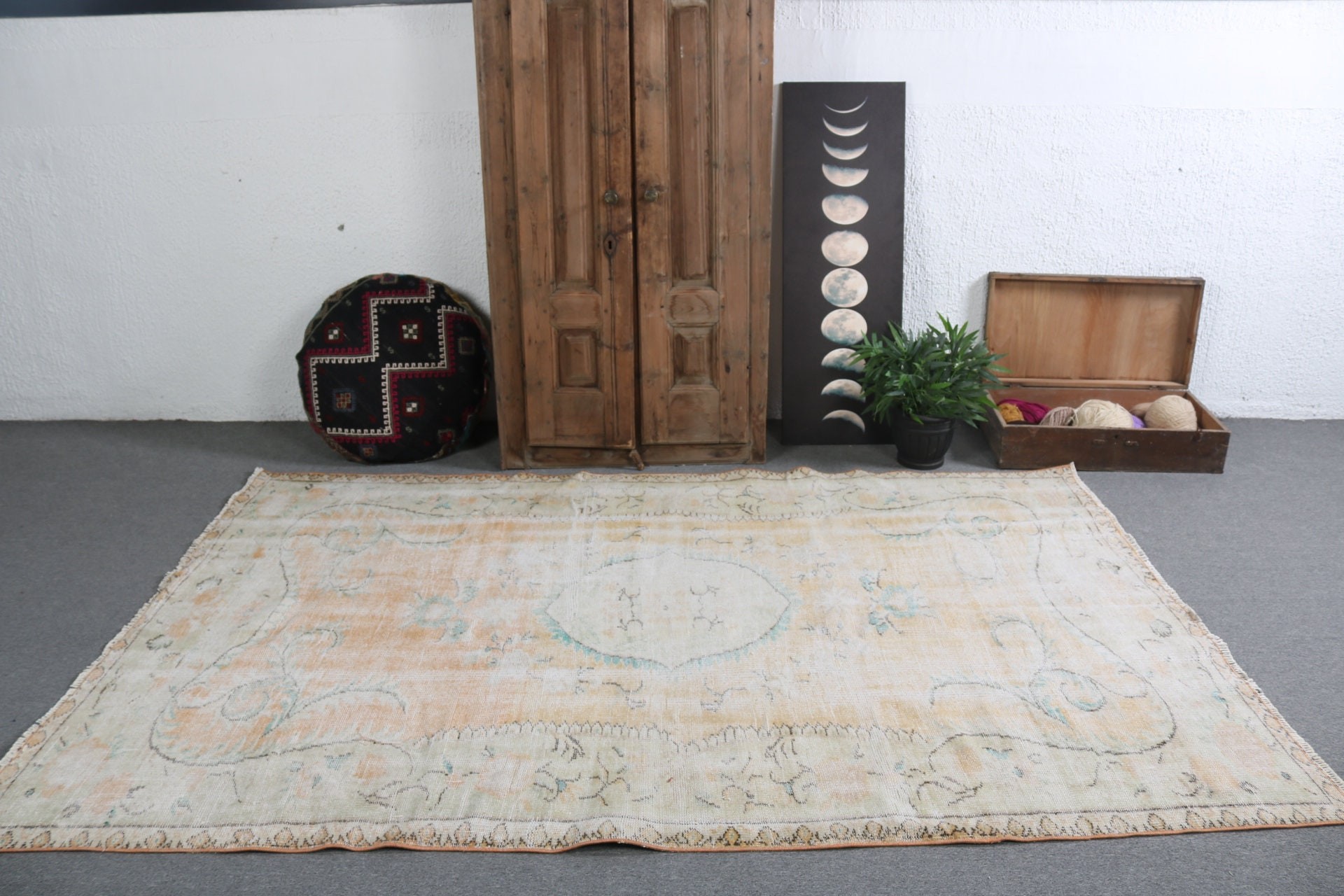 Modern Halı, El Dokuma Halı, Büyük Oushak Halı, Yer Halısı, Bej 5.8x8.7 ft Büyük Halı, Vintage Halılar, Türk Halıları, Yatak Odası Halıları