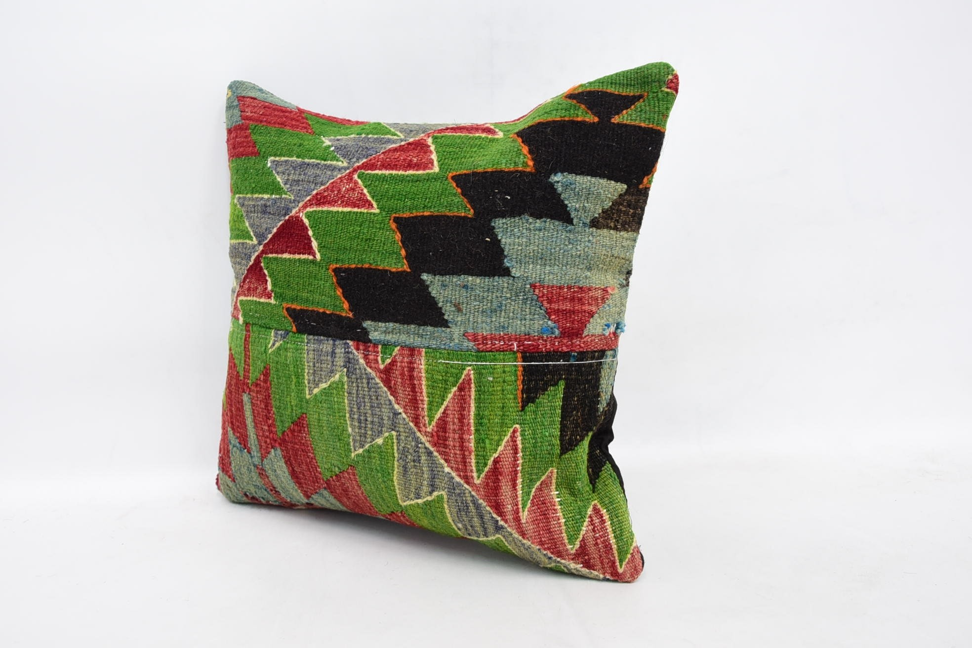 Vintage Kilim Throw Pillow, Home Decor Pillow, Crochet Pattern Pillow, 16"x16" Green Pillow Cover, Ottoman Pillow Cover, Kilim Pillow