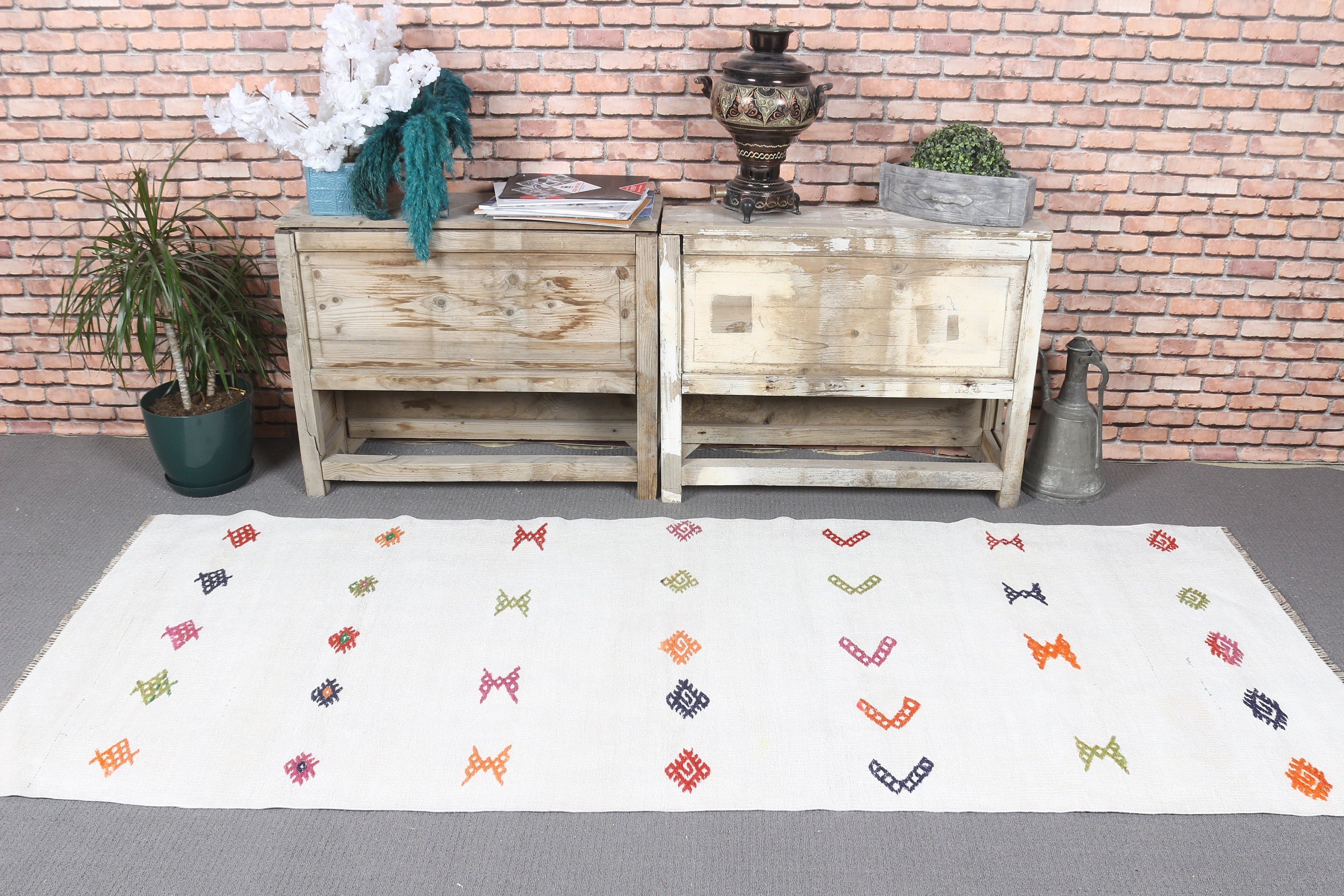 Vintage Rug, Retro Rugs, Home Decor Rug, Hallway Rug, White Wool Rug, Bedroom Rugs, Turkish Rug, 3x7.7 ft Runner Rugs, Rugs for Corridor