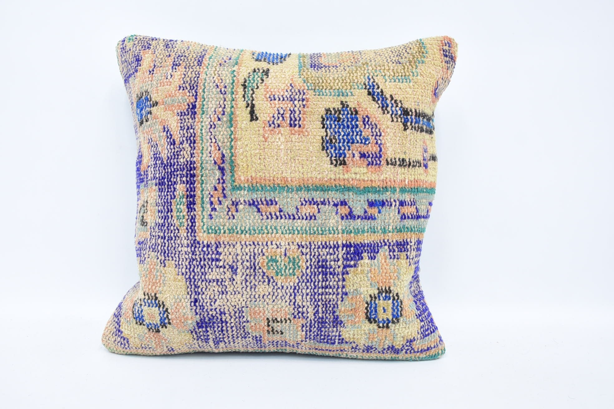 Pillow for Sofa, Muted Cushion, Aesthetic Pillow Case, 18"x18" Blue Cushion Cover, Vintage Kilim Pillow, Turkish Kilim Pillow
