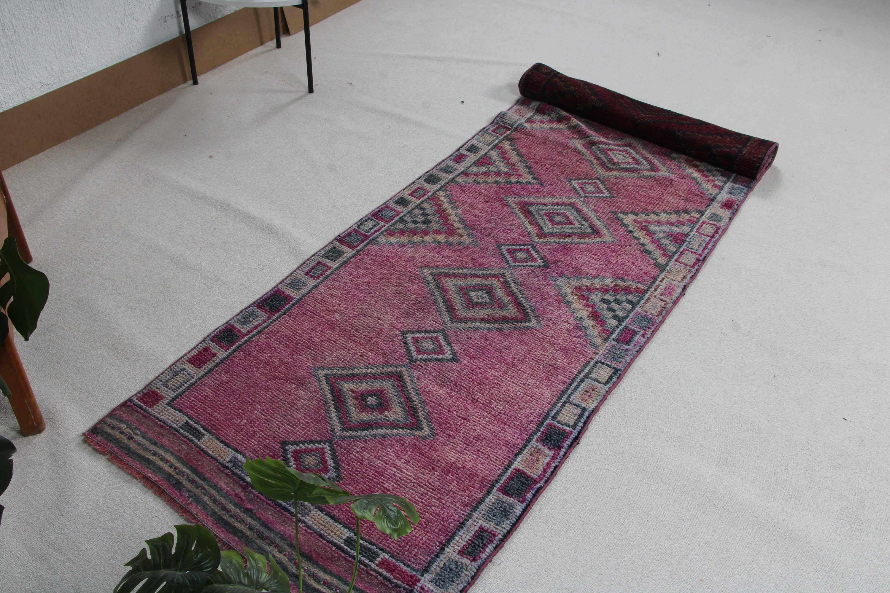 Vintage Halı, Mor Geometrik Halılar, Boho Halı, Yatak Odası Halıları, Uzun Yolluk Halıları, Merdiven Halıları, 3x11.3 ft Yolluk Halısı, Türk Halısı