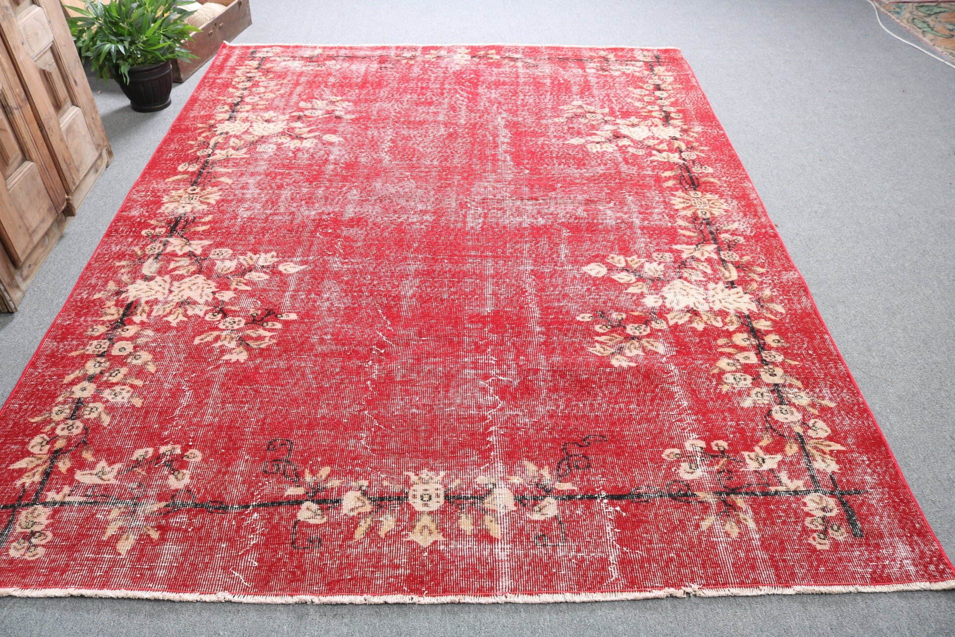 Oushak Halı, Salon Halısı, Kırmızı Ev Dekorasyonu Halıları, El Dokuma Halılar, Modern Halı, Vintage Halı, Büyük Vintage Halı, Türk Halısı, 6.8x8.9 ft Büyük Halı