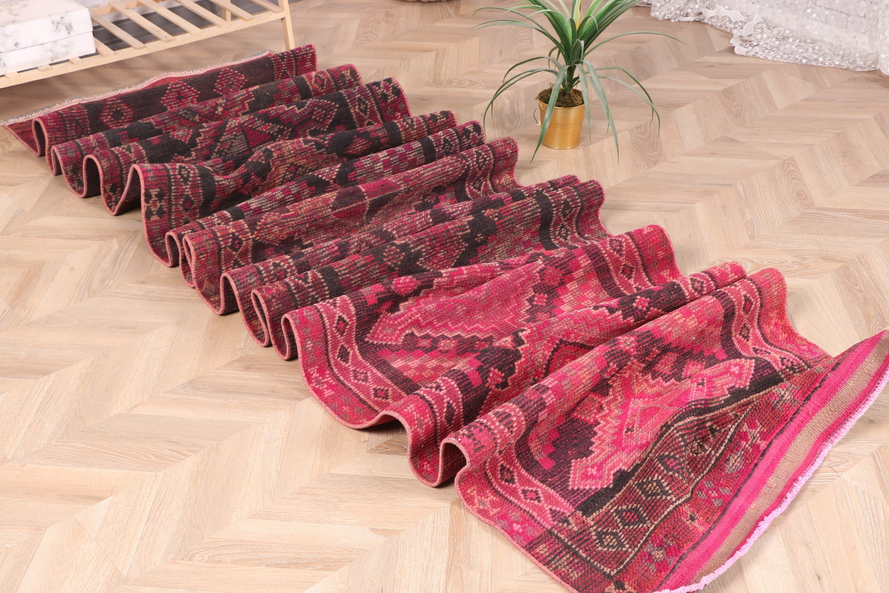 Pembe Açıklama Halısı, Vintage Halılar, Etnik Halı, 2.7x14.2 ft Runner Halıları, Yatak Odası Halısı, Beni Ourain Runner Halıları, Düz Dokuma Halılar, Türk Halısı