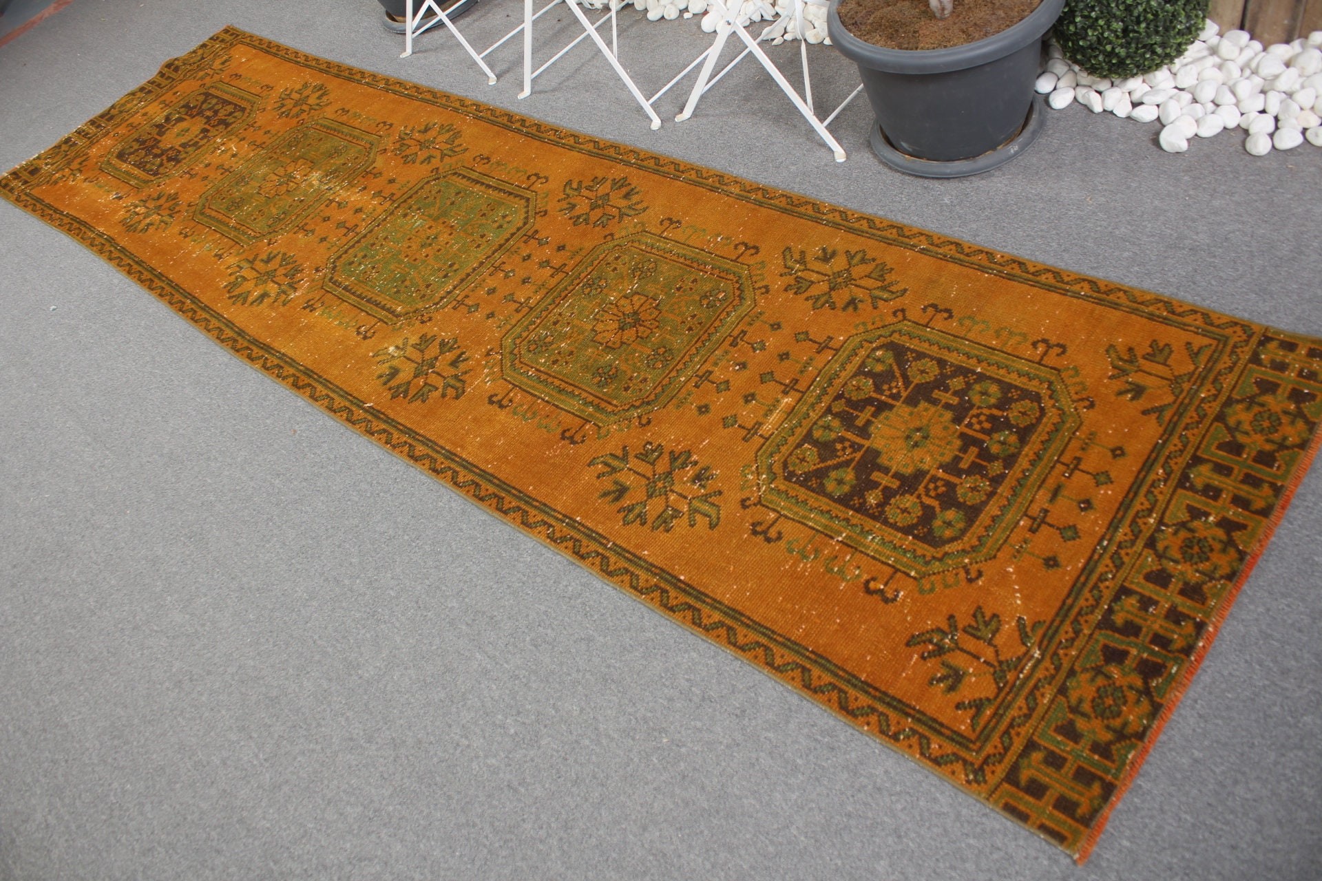 Türk Halıları, Vintage Halı, Turuncu 2.9x11.1 ft Runner Halısı, Aztek Halısı, Koridor Halısı, Merdiven Halıları, Yer Halısı, Ev Dekor Halısı