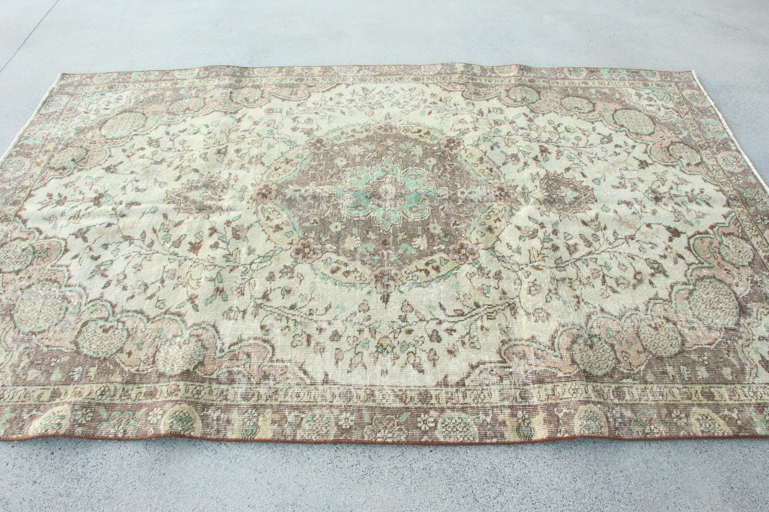 5.3x8.5 ft Büyük Halılar, Bej Yer Halıları, Bohem Halısı, Türk Halısı, Vintage Halılar, Yün Halı, Büyük Oushak Halısı, Boho Halıları, Oturma Odası Halıları