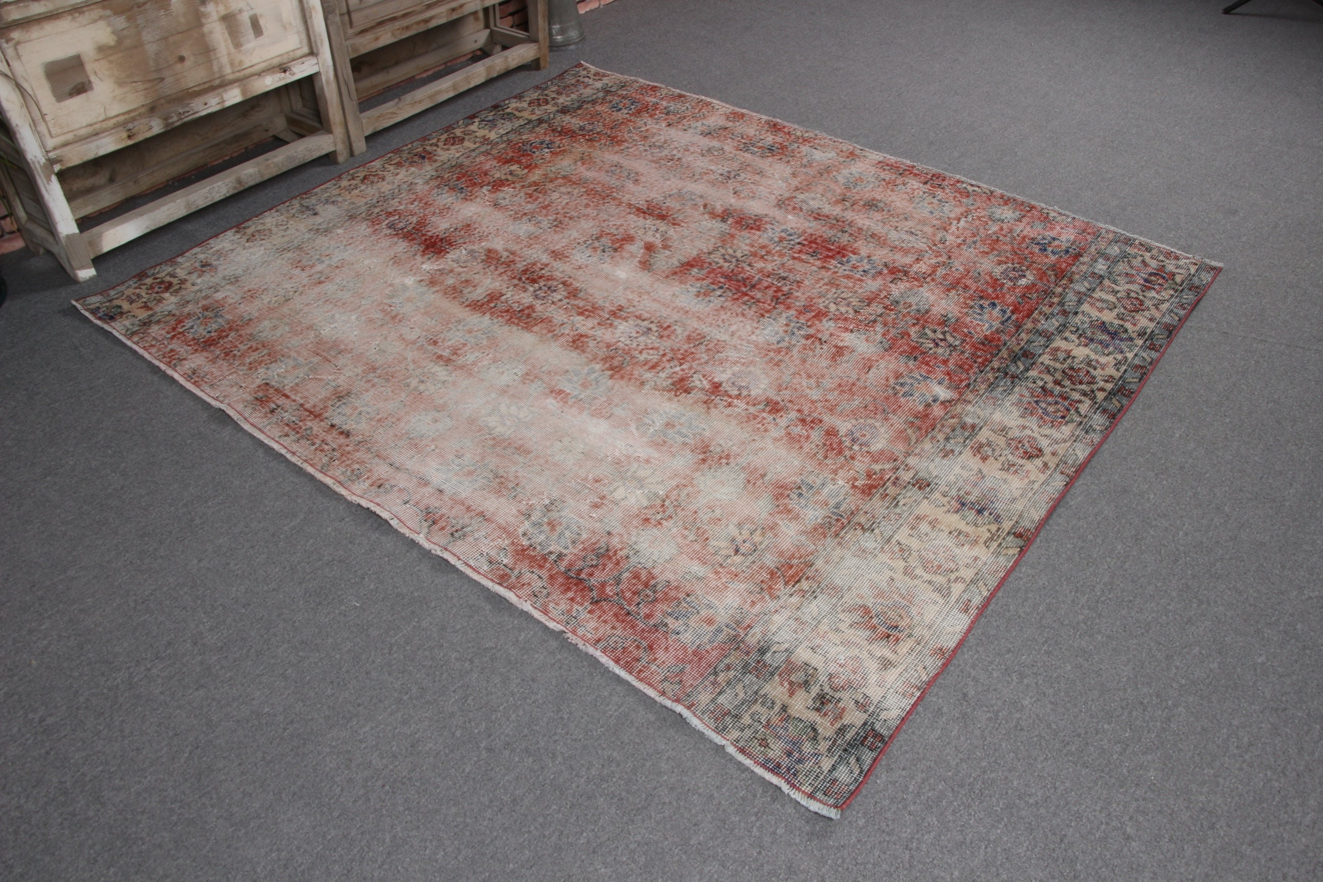 Aesthetic Rugs, Geometric Rugs, Kitchen Rug, Turkish Rug, Vintage Area Rug, Red Antique Rugs, Luxury Rugs, 6.5x5.6 ft Area Rug, Vintage Rug