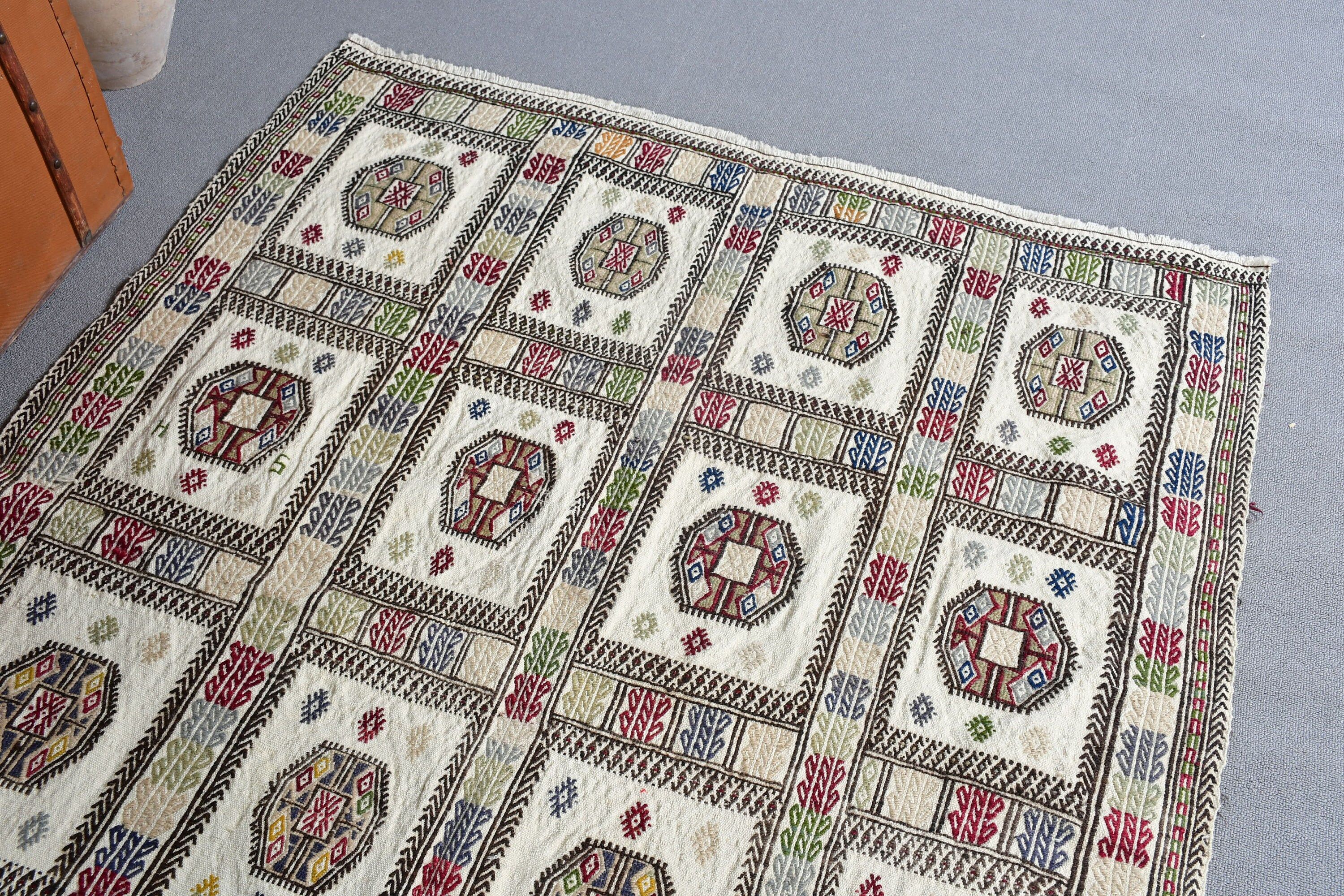 Rugs for Area, White Oriental Rug, Handwoven Rug, Bedroom Rug, Anatolian Rugs, 4.3x5.6 ft Area Rugs, Vintage Rug, Turkish Rug, Kitchen Rug