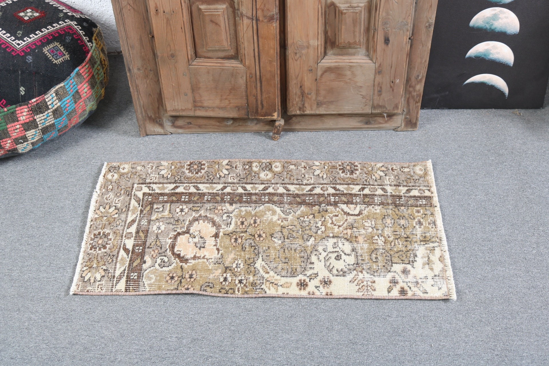 1.6x3.1 ft Küçük Halı, Soğuk Halı, Giriş Halısı, Banyo Halıları, Türk Halıları, Araba Paspas Halıları, Vintage Halılar, Geometrik Halı, Yeşil Yün Halı