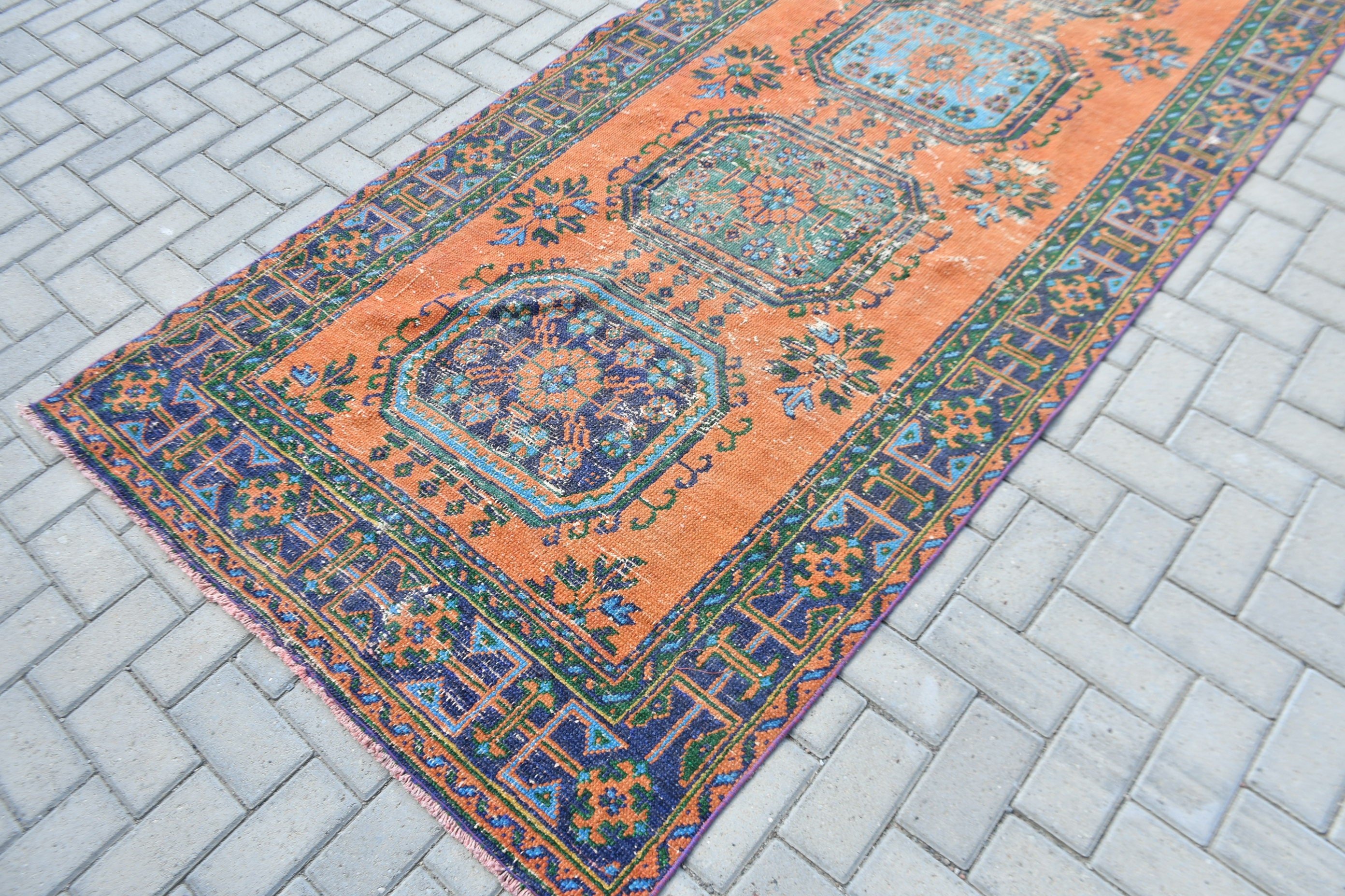 Kitchen Rug, Hand Woven Rug, Vintage Rug, Orange Moroccan Rugs, Bedroom Rug, 4.4x11.3 ft Runner Rugs, Rugs for Kitchen, Turkish Rug