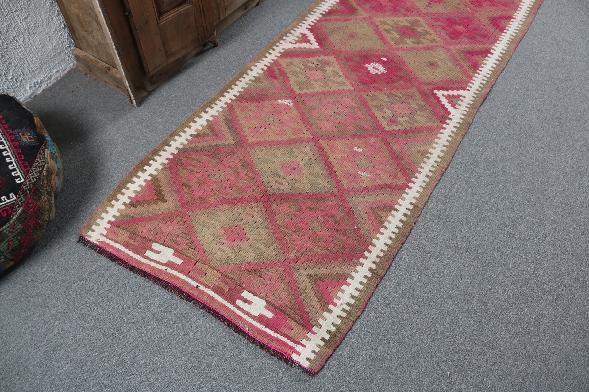 Aztek Halıları, Bildiri Halısı, Türk Halısı, Vintage Halılar, 2,9x7,5 ft Runner Halısı, Beni Ourain Runner Halısı, Pembe Geometrik Halı, Geometrik Halılar