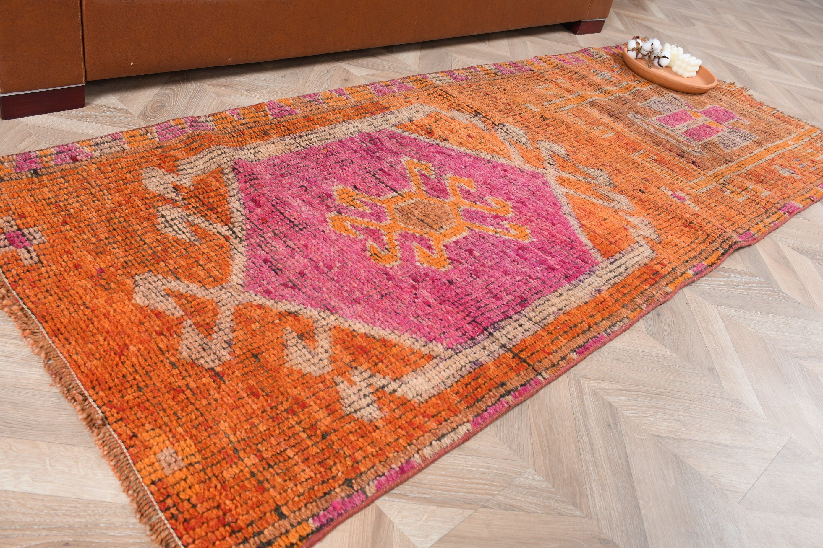 Vintage Halı, Turuncu 2.8x7.1 ft Runner Halı, Antika Halılar, Dış Mekan Halısı, Merdiven Halıları, Türk Halısı, Koridor Halısı