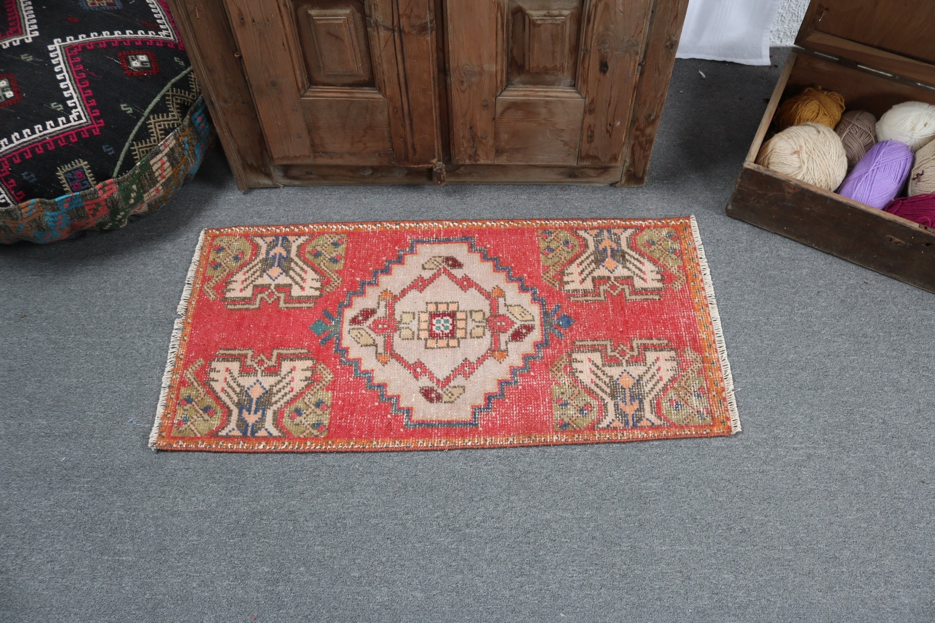 1.6x3.3 ft Small Rugs, Oriental Rug, Modern Rug, Entry Rugs, Rugs for Bath, Turkish Rug, Red Floor Rugs, Bathroom Rug, Vintage Rugs