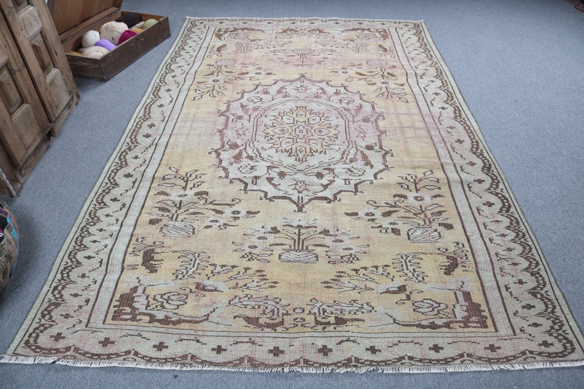 6.1x9.3 ft Büyük Halı, Vintage Halılar, Yemek Odası Halıları, Modern Halılar, Oturma Odası Halısı, Boho Halısı, Sanatsal Halı, Sarı Yün Halı, Türk Halısı