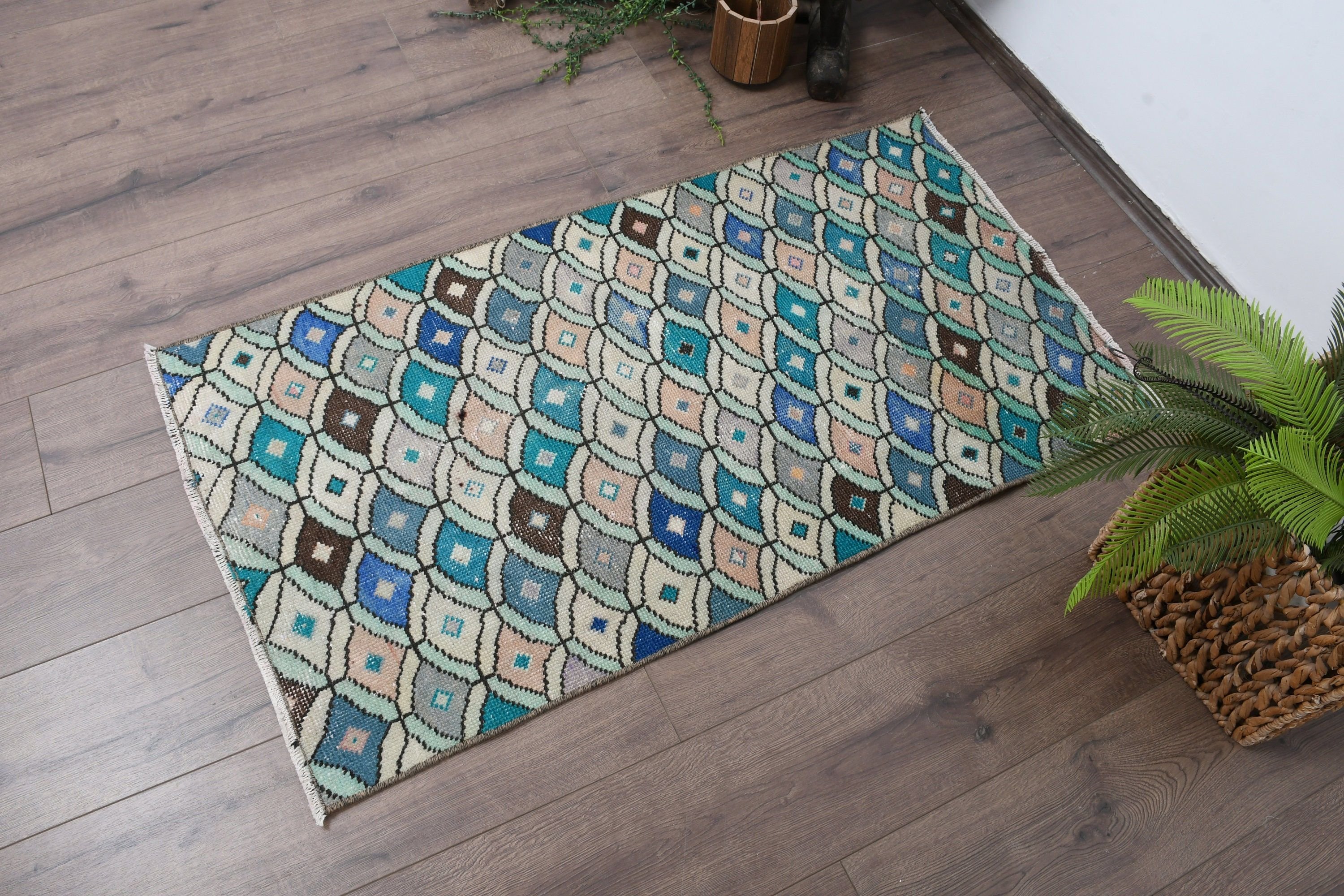 Bedroom Rug, Oushak Rug, 2.2x3.9 ft Small Rug, Vintage Rugs, Anatolian Rugs, Turkish Rugs, Kitchen Rug, Rugs for Car Mat, Blue Cool Rug