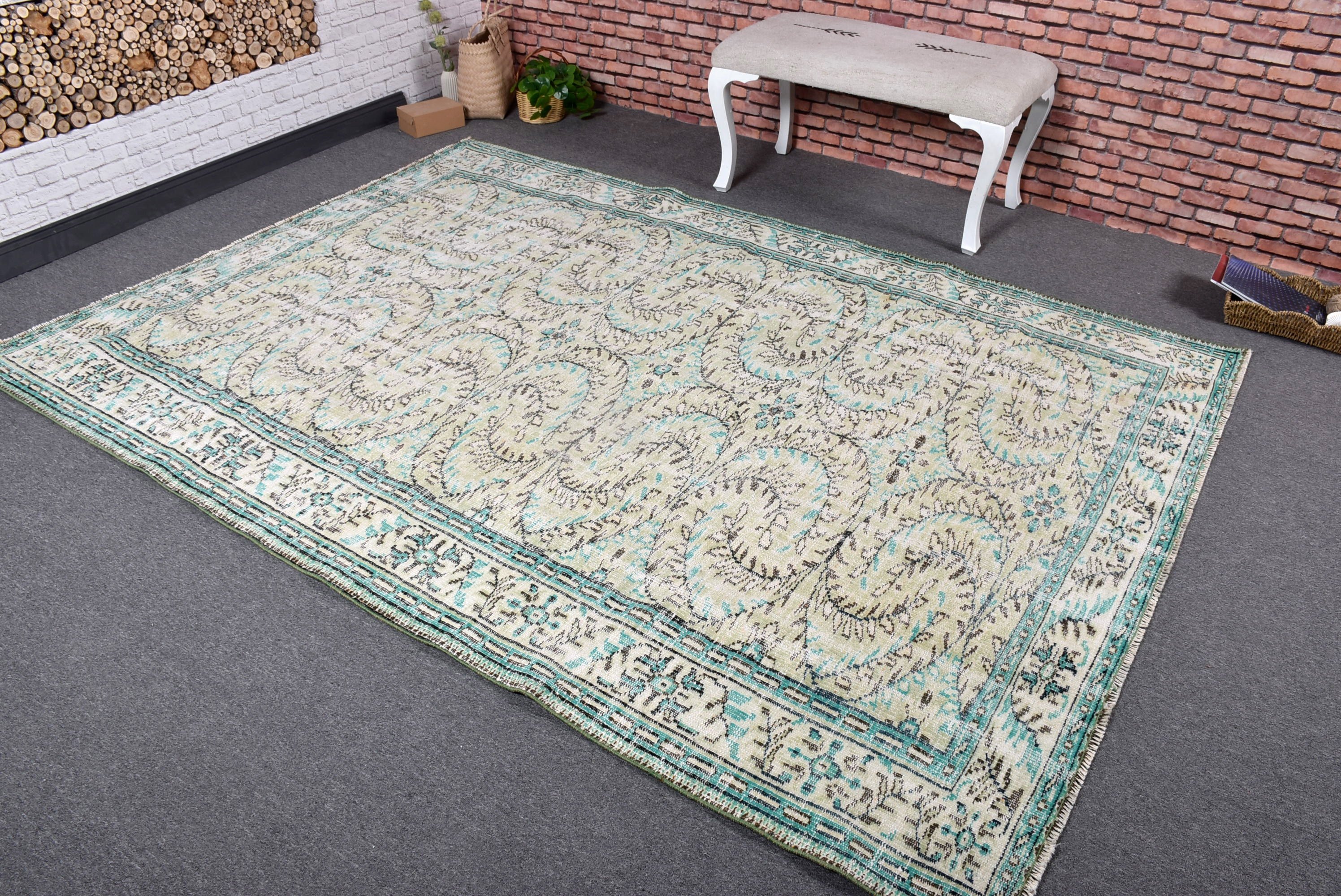 Türk Halıları, Salon Halıları, 6.1x8.3 ft Büyük Halı, Modern Halılar, Yer Halısı, Ev Dekorasyonu Halıları, Yeşil Modern Halılar, Büyük Oushak Halıları, Vintage Halılar