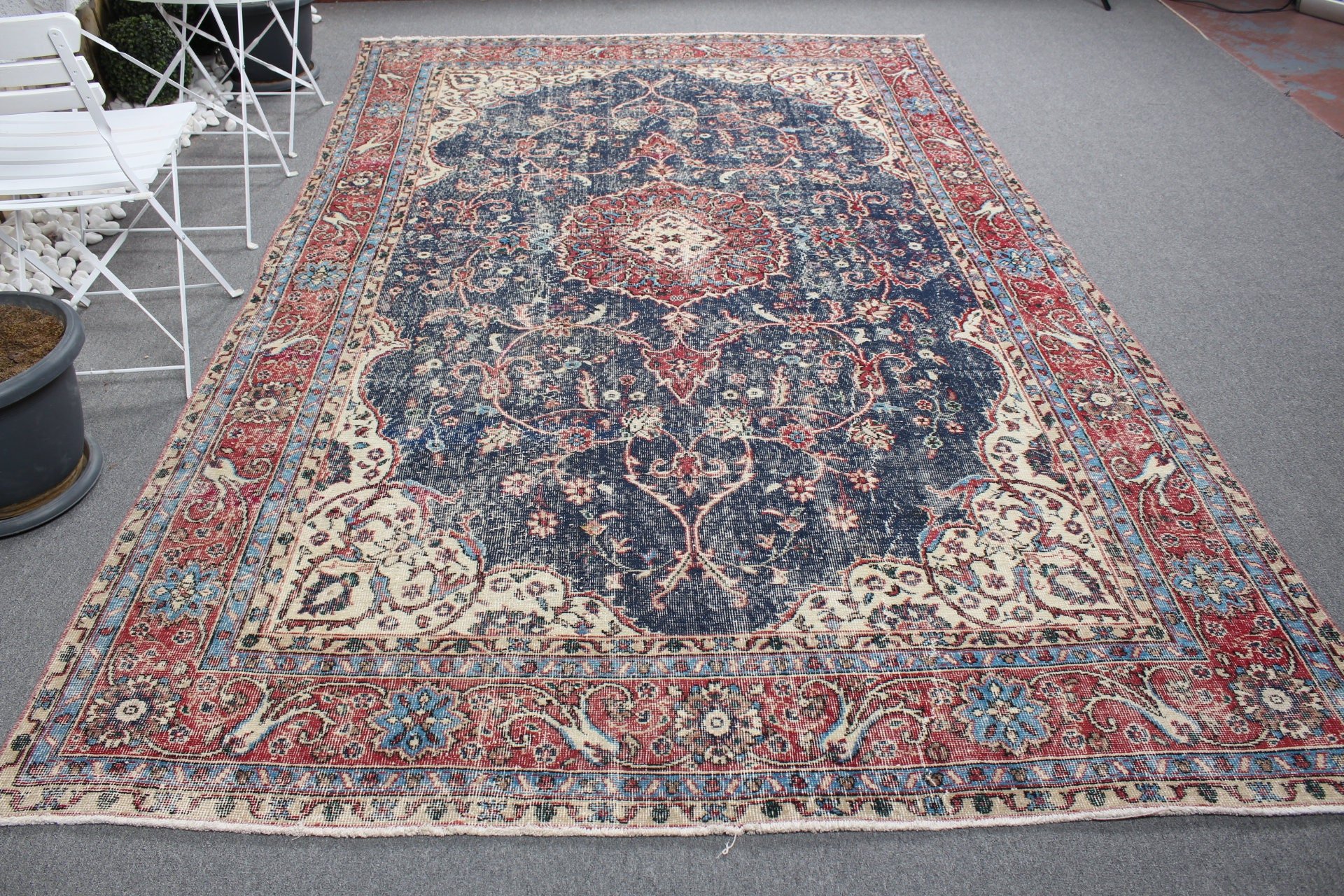 Sessiz Halılar, Mavi Fas Halısı, 7.2x10.9 ft Büyük Boy Halılar, Anadolu Halısı, Türk Halısı, Oturma Odası Halısı, Vintage Halı, Salon Halısı, Mutfak Halısı