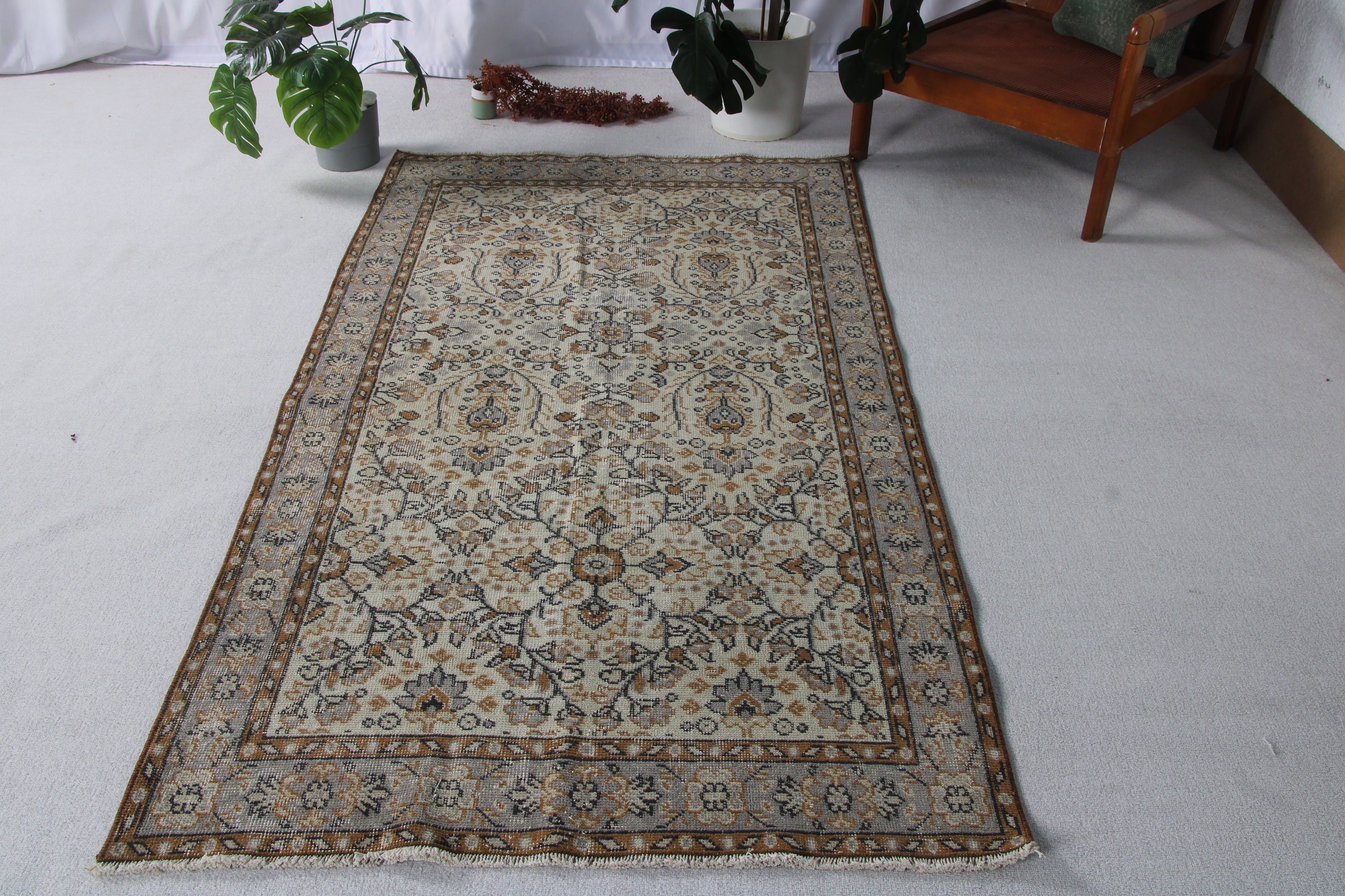 Vintage Rugs, Dining Room Rug, Rugs for Kitchen, Bedroom Rugs, Oriental Rug, Beige Floor Rug, Turkish Rugs, Wool Rug, 3.6x6.9 ft Area Rug