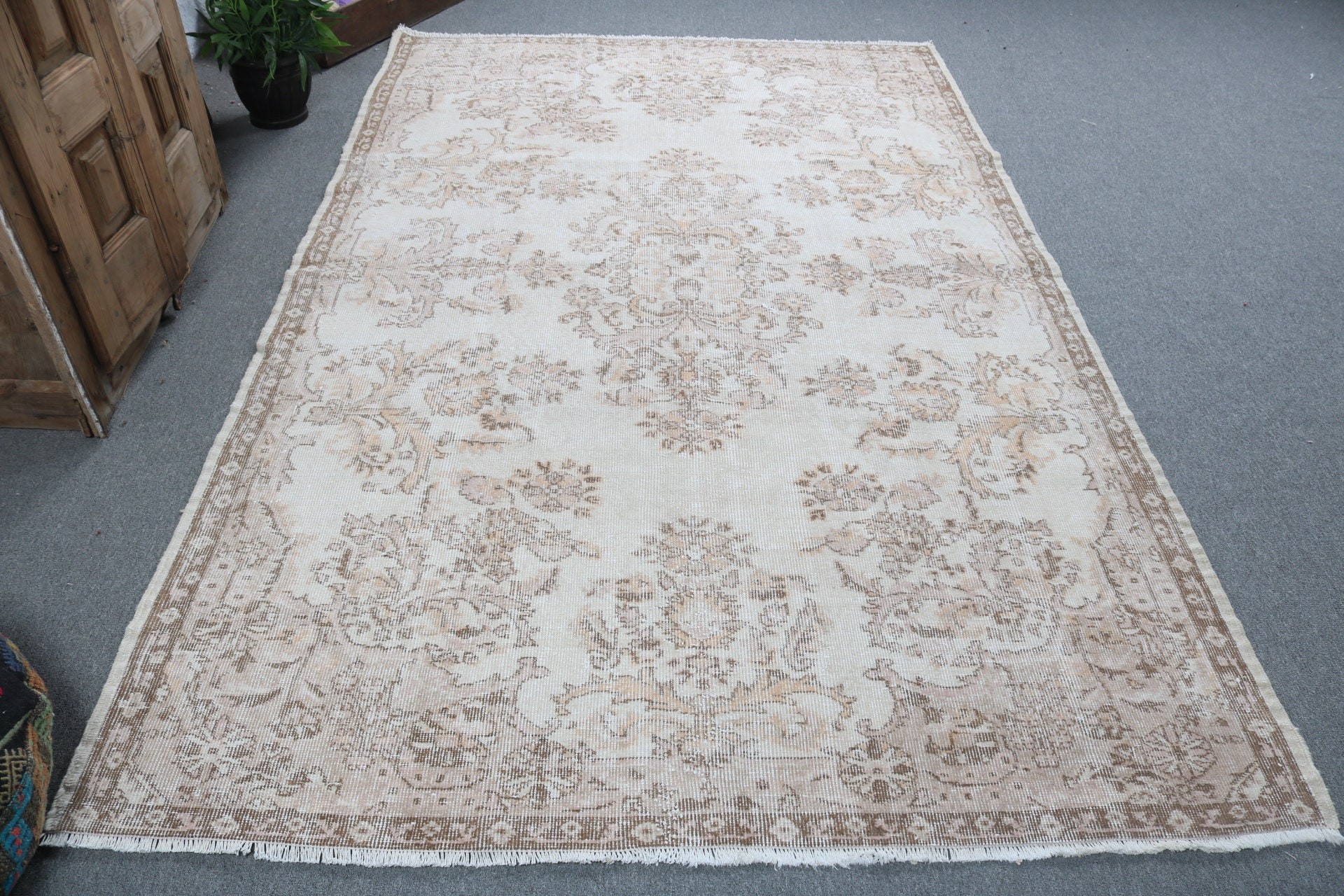 Açıklama Halıları, 5.7x8.8 ft Büyük Halılar, Vintage Halı, Türk Halısı, Bej Yün Halı, Salon Halısı, Aztek Halıları, Geometrik Halı, Yemek Odası Halıları