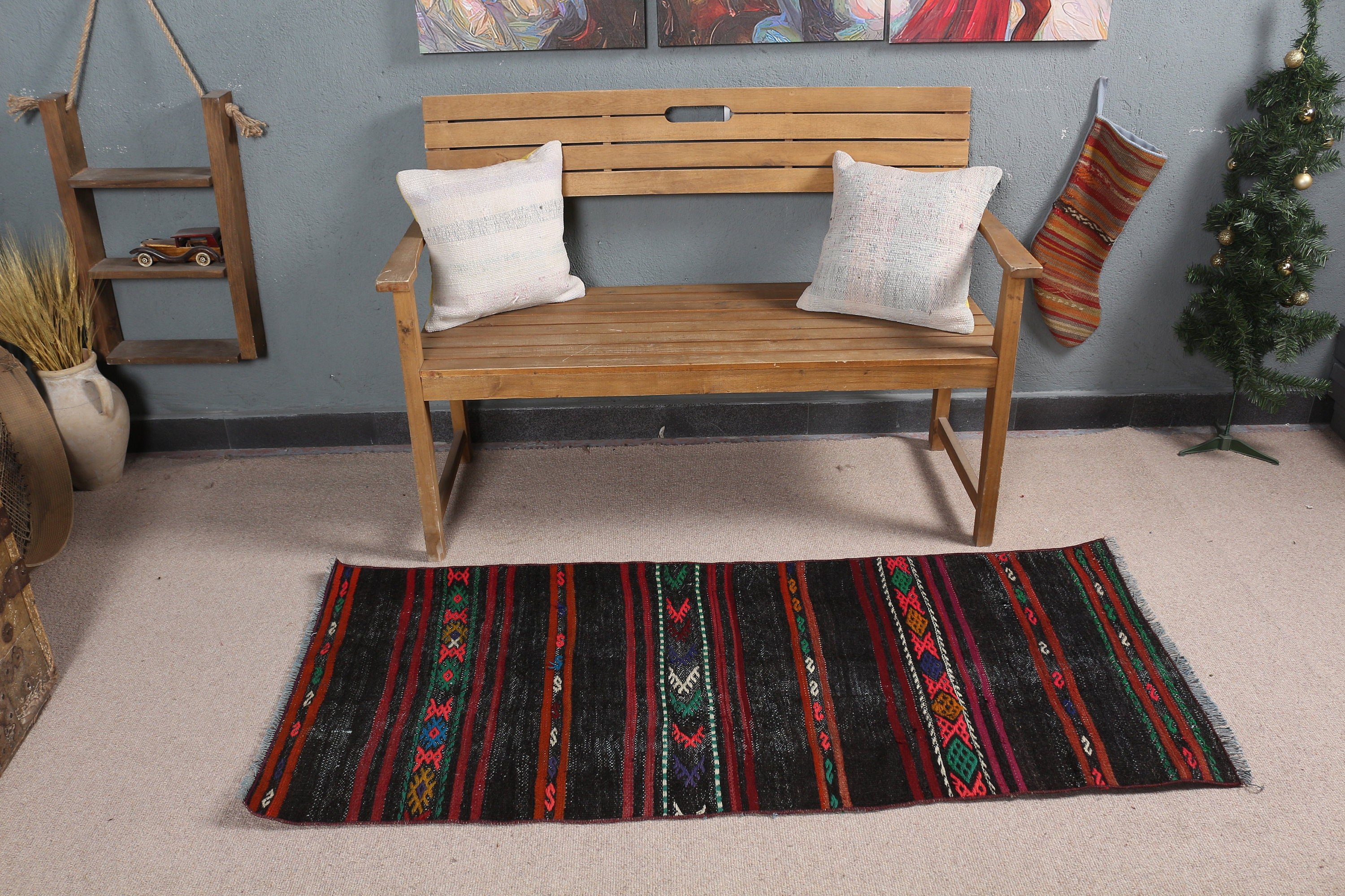 Araba Paspası Halıları, Vintage Halı, Mutfak Halısı, 2.3x5.4 ft Küçük Halı, Siyah Antika Halı, Kilim, Çocuk Halıları, Türk Halıları